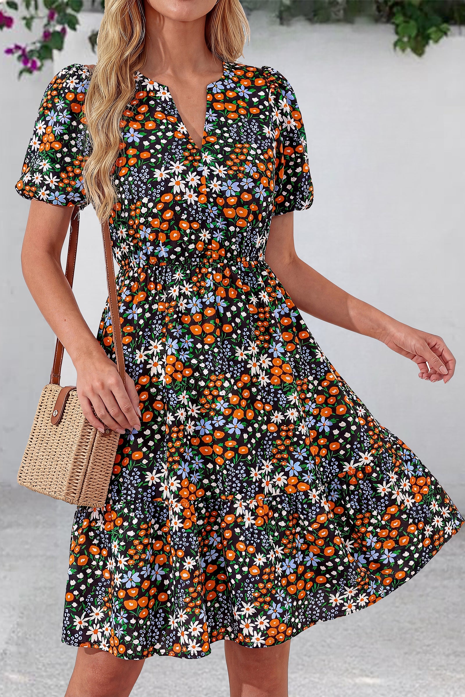 dowerme Women Summer Casual Dresses 2026 Puff Short Sleeve V Neck Floral Boho Midi Dress Flowy Ruffle Spring Sundress