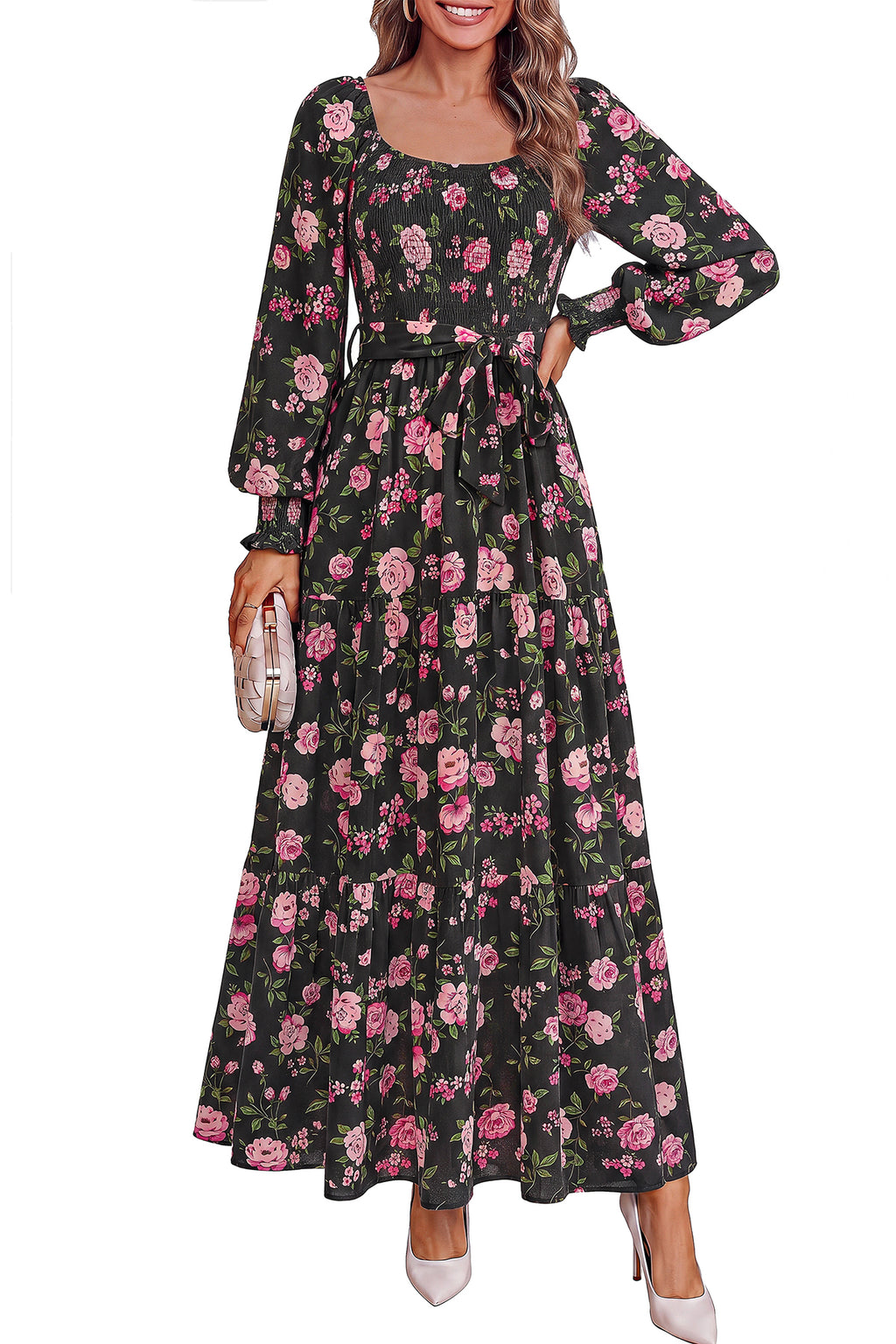 dowerme Womens Dresses Fall Fashion Puff Long Sleeve Sweetheart Neck Smocked A Line Boho Floral Wedding Guest Maxi Dress