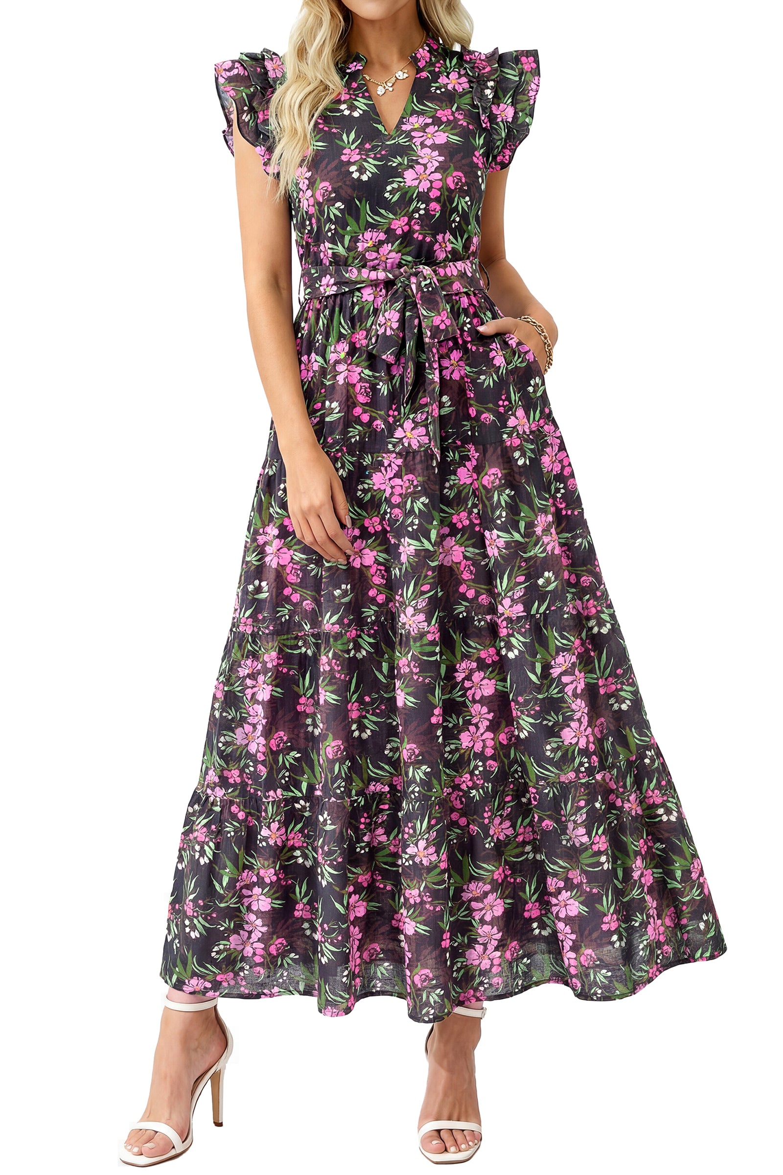 dowerme Women Summer Maxi Dresses 2026 Ruffle Sleeve V Neck Floral Boho Long Dress Belted Tiered Sundress With Pockets