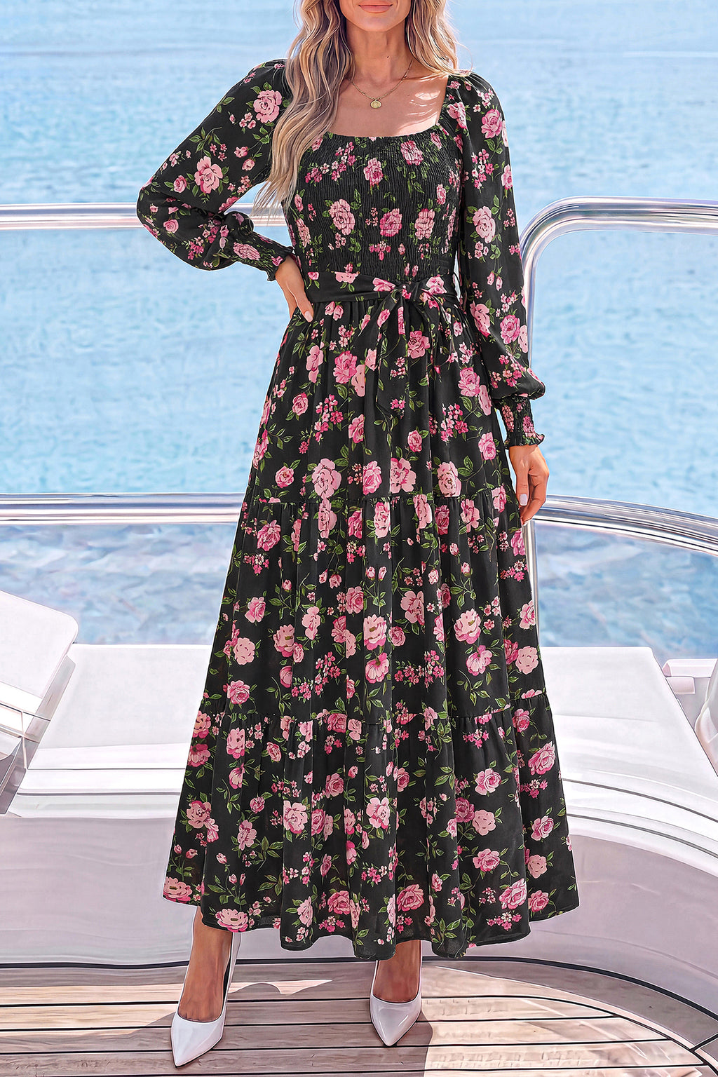 dowerme Womens Dresses Fall Fashion Puff Long Sleeve Sweetheart Neck Smocked A Line Boho Floral Wedding Guest Maxi Dress