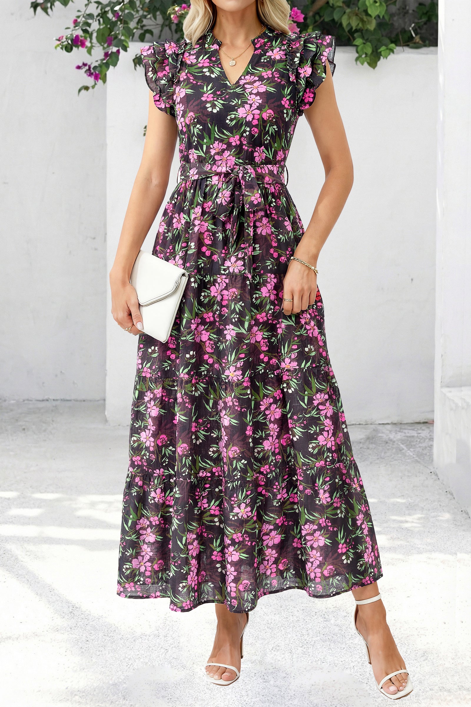 dowerme Women Summer Maxi Dresses 2026 Ruffle Sleeve V Neck Floral Boho Long Dress Belted Tiered Sundress With Pockets