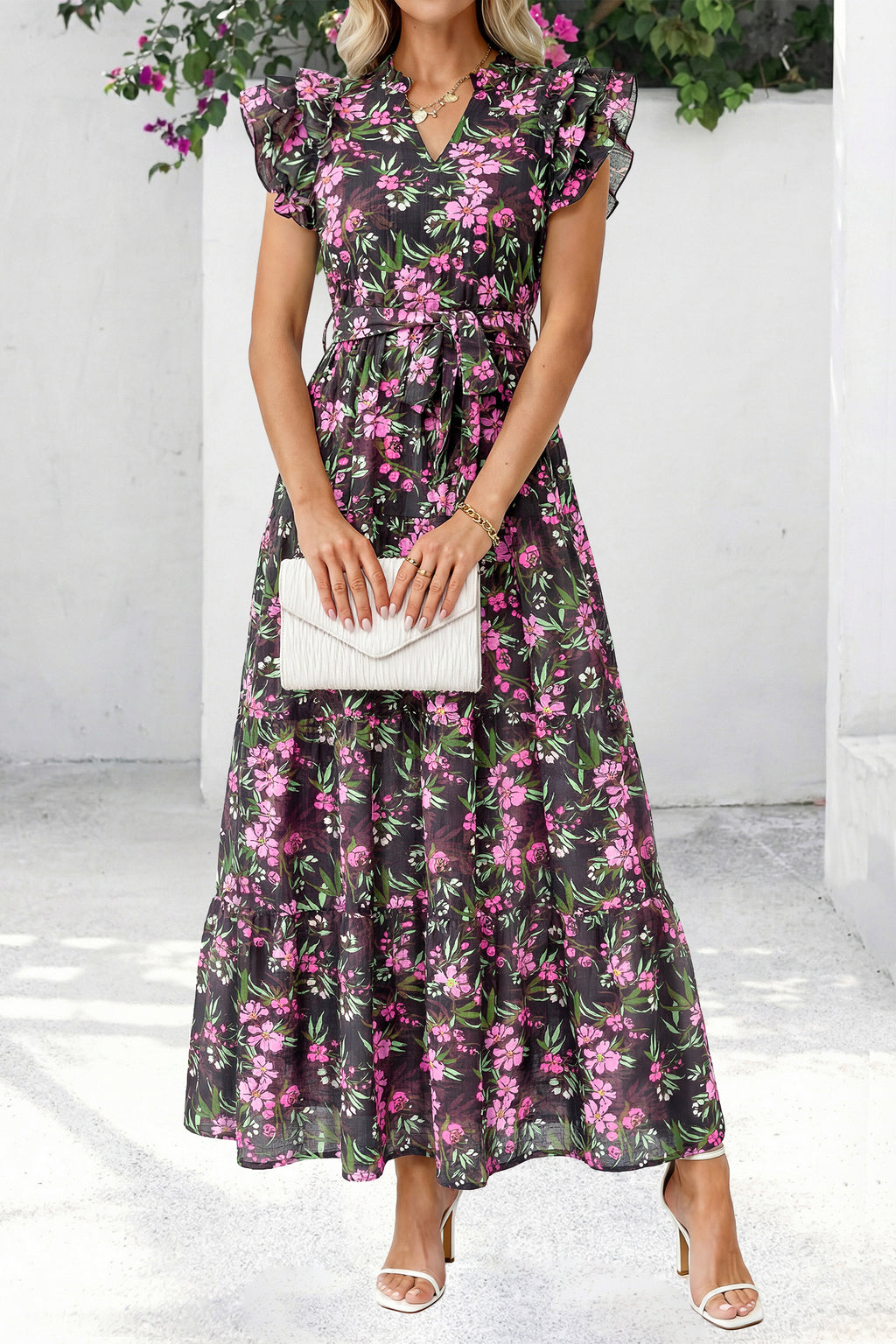 dowerme Women Summer Maxi Dresses 2026 Ruffle Sleeve V Neck Floral Boho Long Dress Belted Tiered Sundress With Pockets