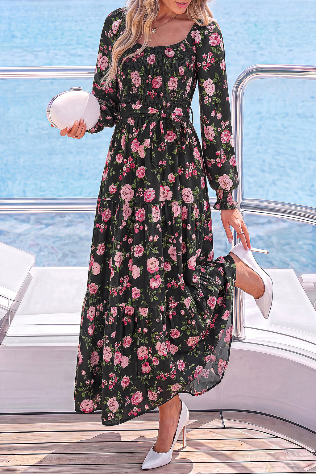 dowerme Womens Dresses Fall Fashion Puff Long Sleeve Sweetheart Neck Smocked A Line Boho Floral Wedding Guest Maxi Dress