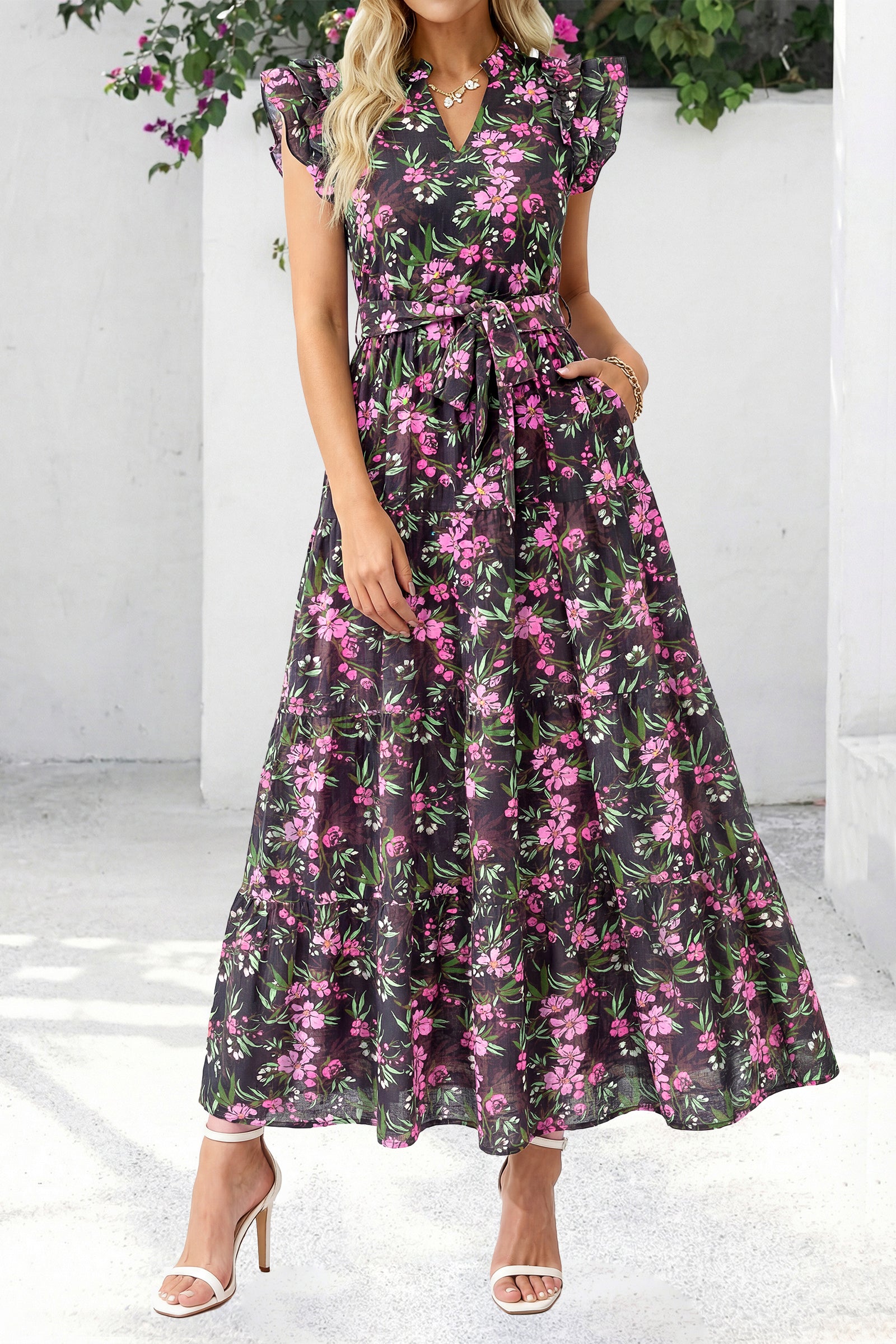 dowerme Women Summer Maxi Dresses 2026 Ruffle Sleeve V Neck Floral Boho Long Dress Belted Tiered Sundress With Pockets