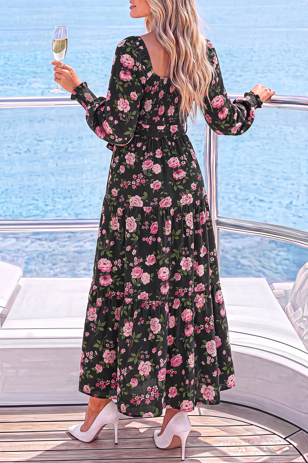 dowerme Womens Dresses Fall Fashion Puff Long Sleeve Sweetheart Neck Smocked A Line Boho Floral Wedding Guest Maxi Dress