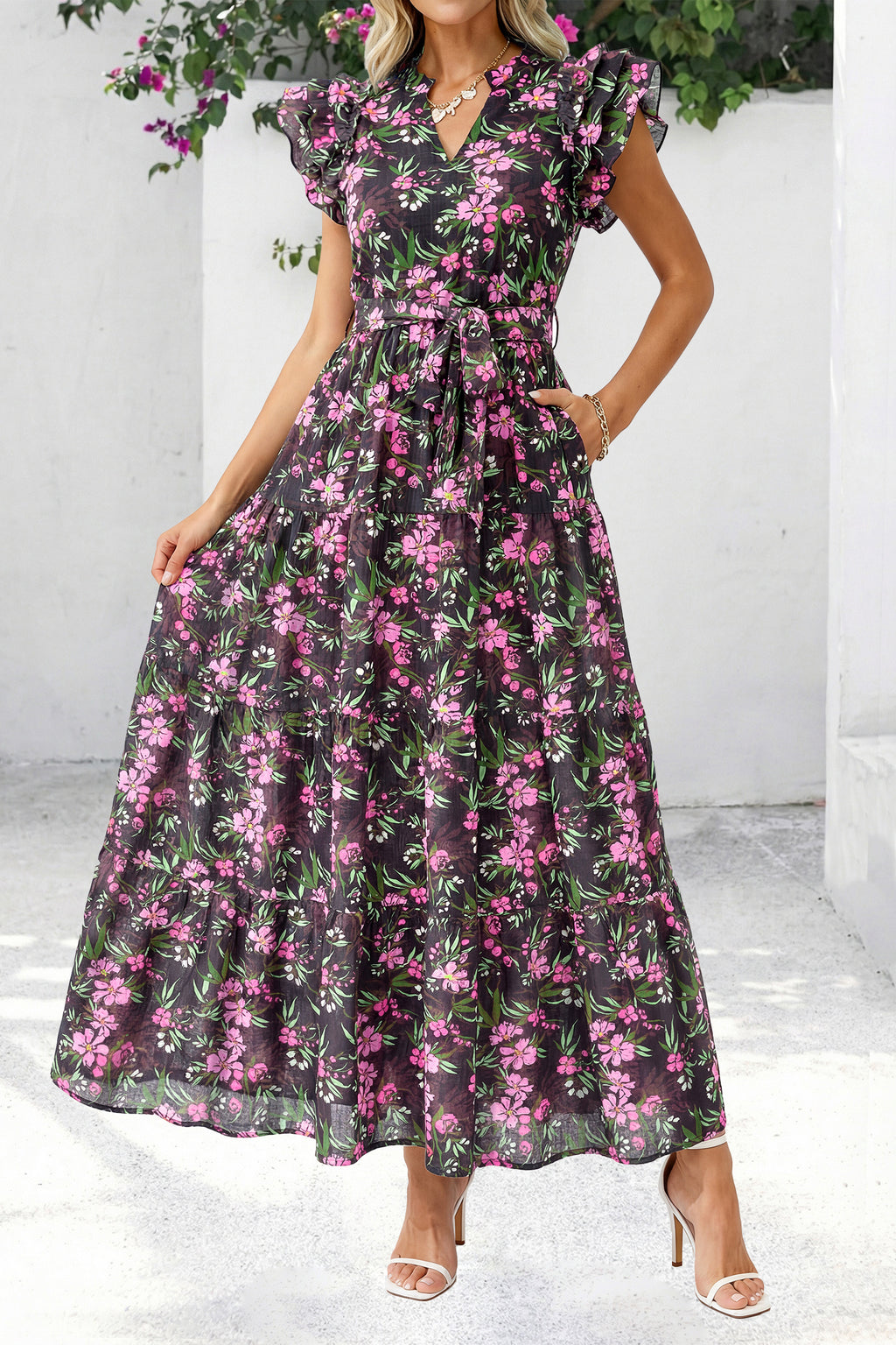 dowerme Women Summer Maxi Dresses 2026 Ruffle Sleeve V Neck Floral Boho Long Dress Belted Tiered Sundress With Pockets