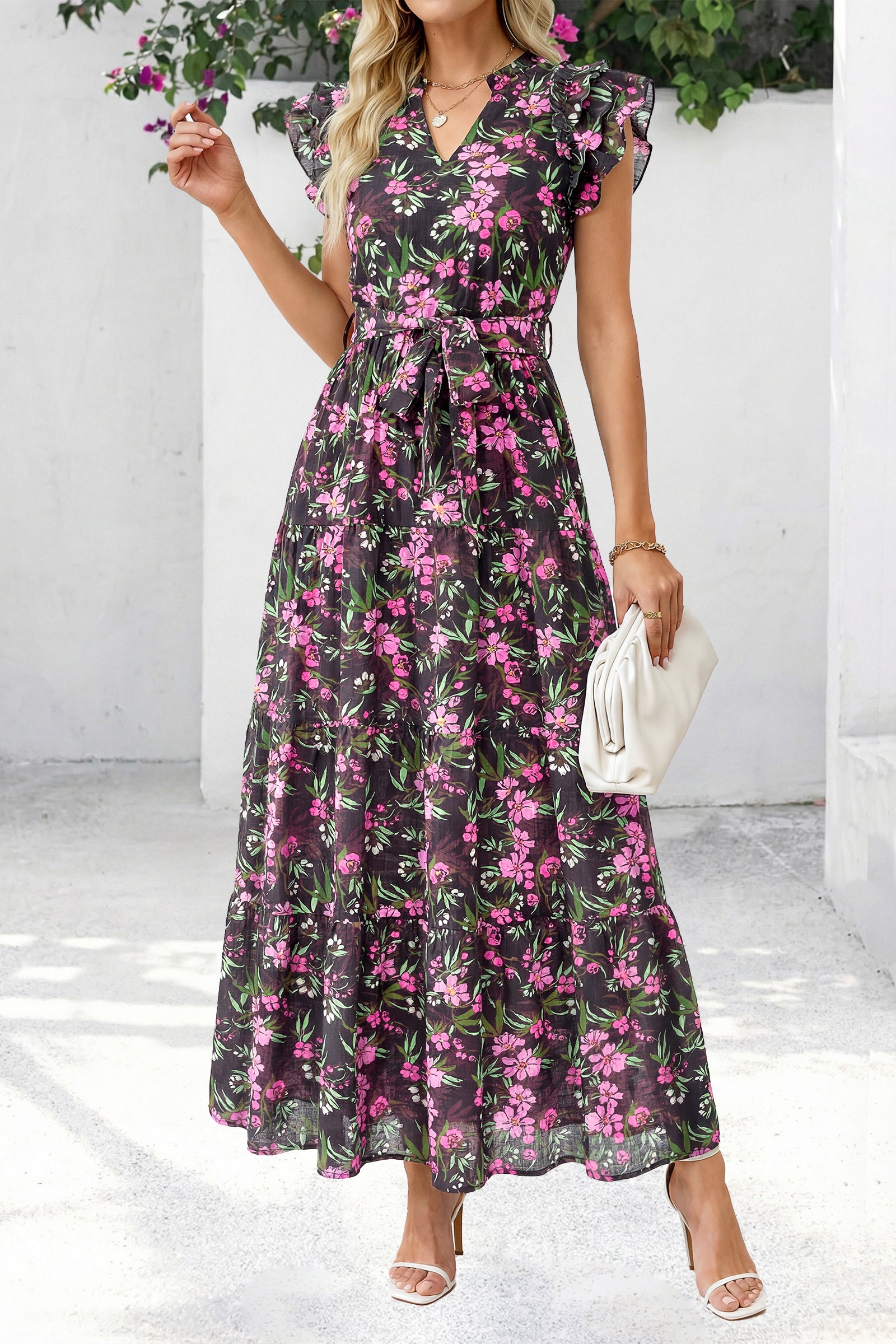 dowerme Women Summer Maxi Dresses 2026 Ruffle Sleeve V Neck Floral Boho Long Dress Belted Tiered Sundress With Pockets