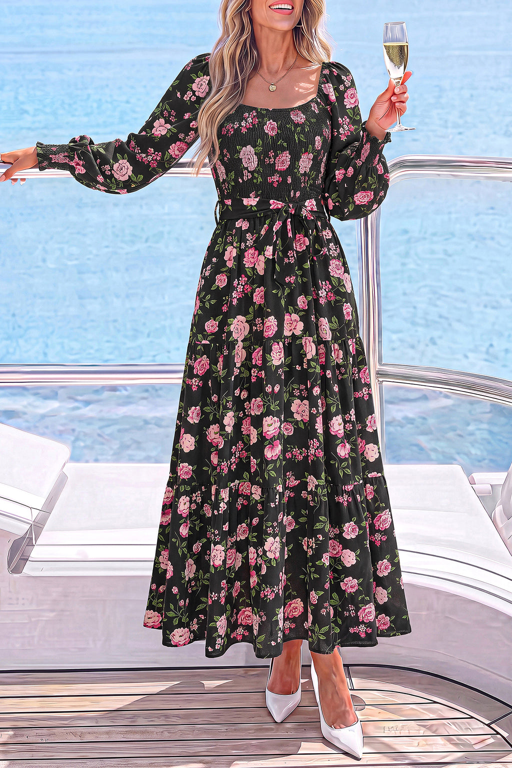 dowerme Womens Dresses Fall Fashion Puff Long Sleeve Sweetheart Neck Smocked A Line Boho Floral Wedding Guest Maxi Dress