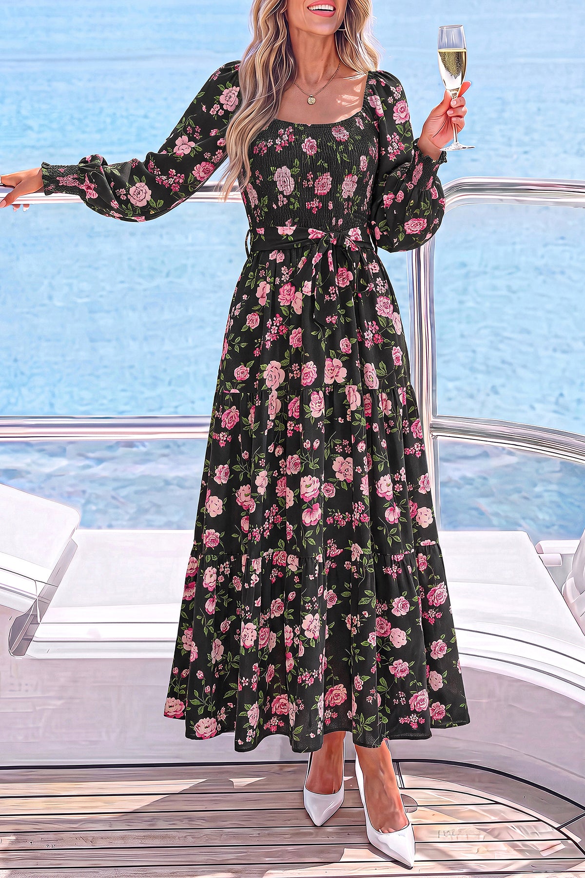 dowerme Womens Dresses Fall Fashion Puff Long Sleeve Sweetheart Neck Smocked A Line Boho Floral Wedding Guest Maxi Dress