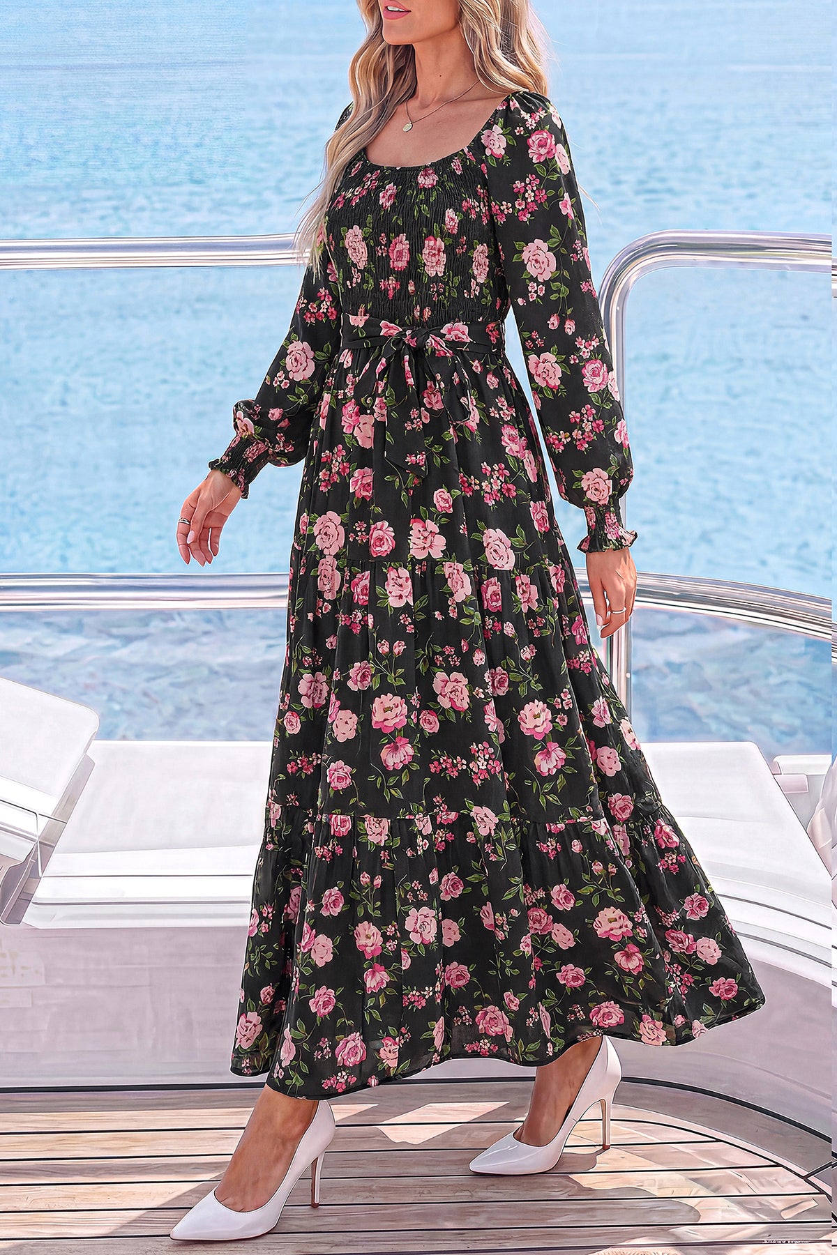 dowerme Womens Dresses Fall Fashion Puff Long Sleeve Sweetheart Neck Smocked A Line Boho Floral Wedding Guest Maxi Dress