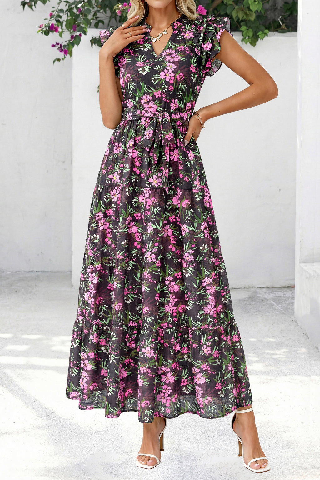 dowerme Women Summer Maxi Dresses 2026 Ruffle Sleeve V Neck Floral Boho Long Dress Belted Tiered Sundress With Pockets