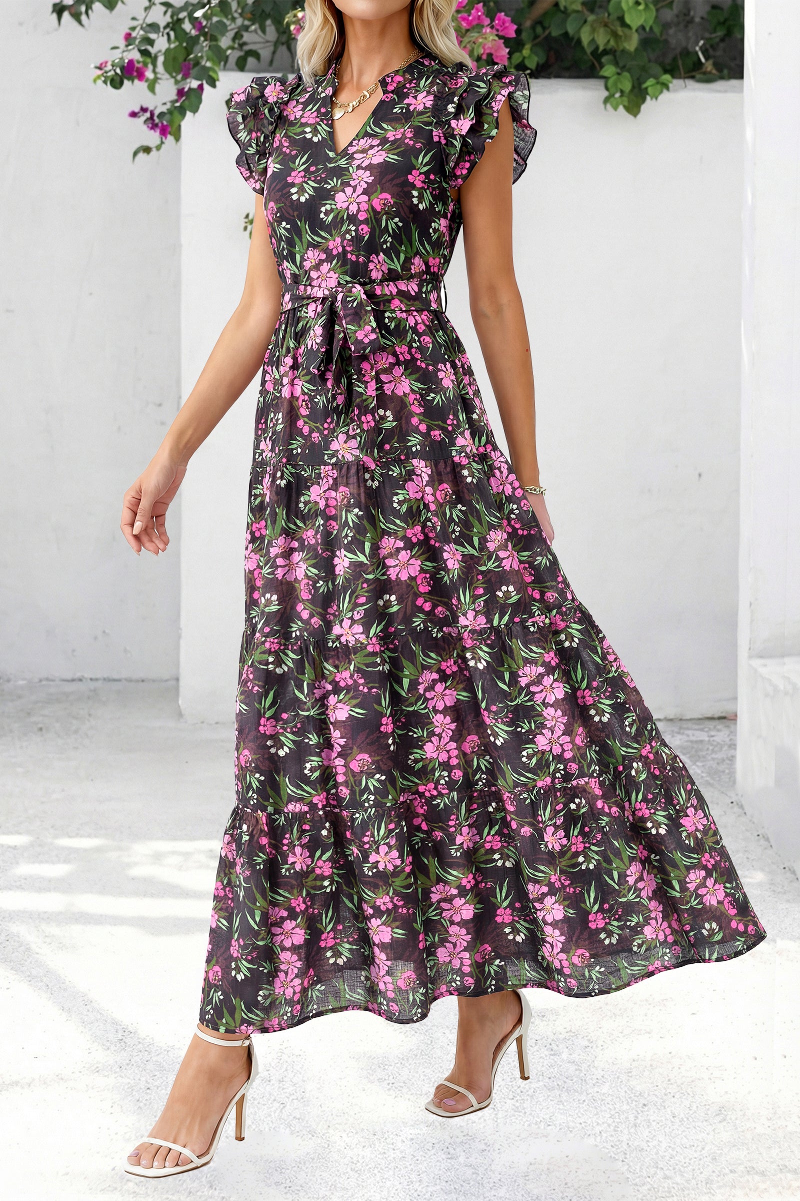 dowerme Women Summer Maxi Dresses 2026 Ruffle Sleeve V Neck Floral Boho Long Dress Belted Tiered Sundress With Pockets