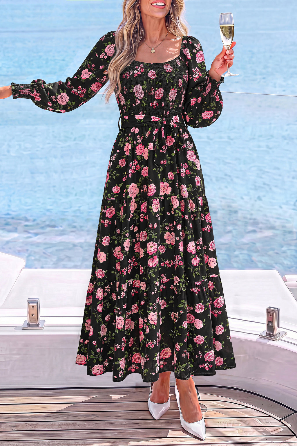 dowerme Womens Dresses Fall Fashion Puff Long Sleeve Sweetheart Neck Smocked A Line Boho Floral Wedding Guest Maxi Dress