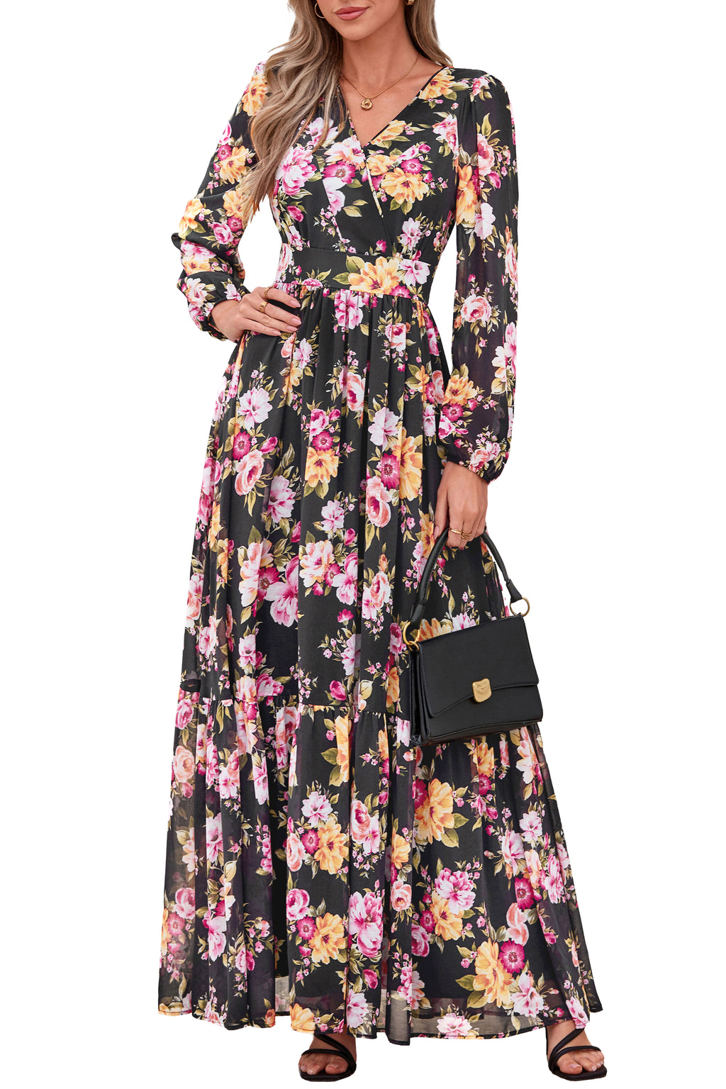 dowerme Women Fall Long Sleeve Wrap V Neck Floral Belted Boho Maxi Dress