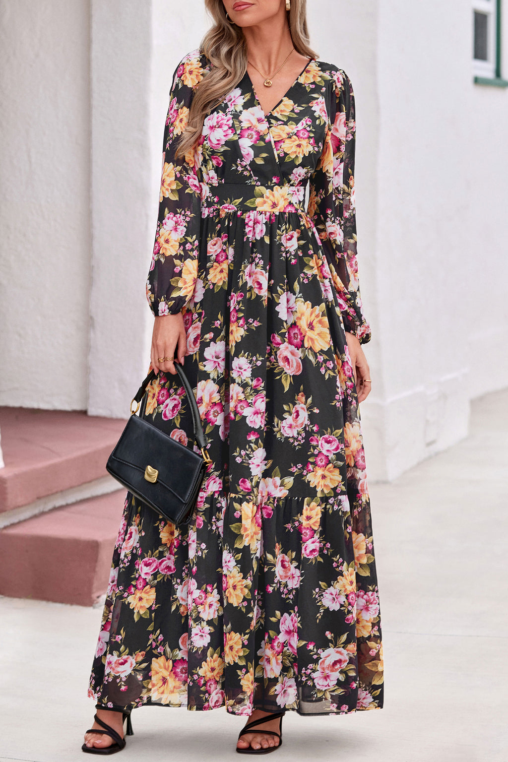 dowerme Women Fall Long Sleeve Wrap V Neck Floral Belted Boho Maxi Dress