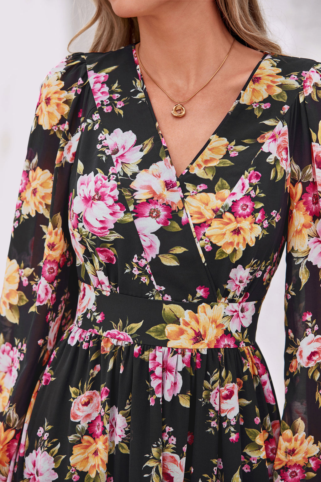 dowerme Women Fall Long Sleeve Wrap V Neck Floral Belted Boho Maxi Dress
