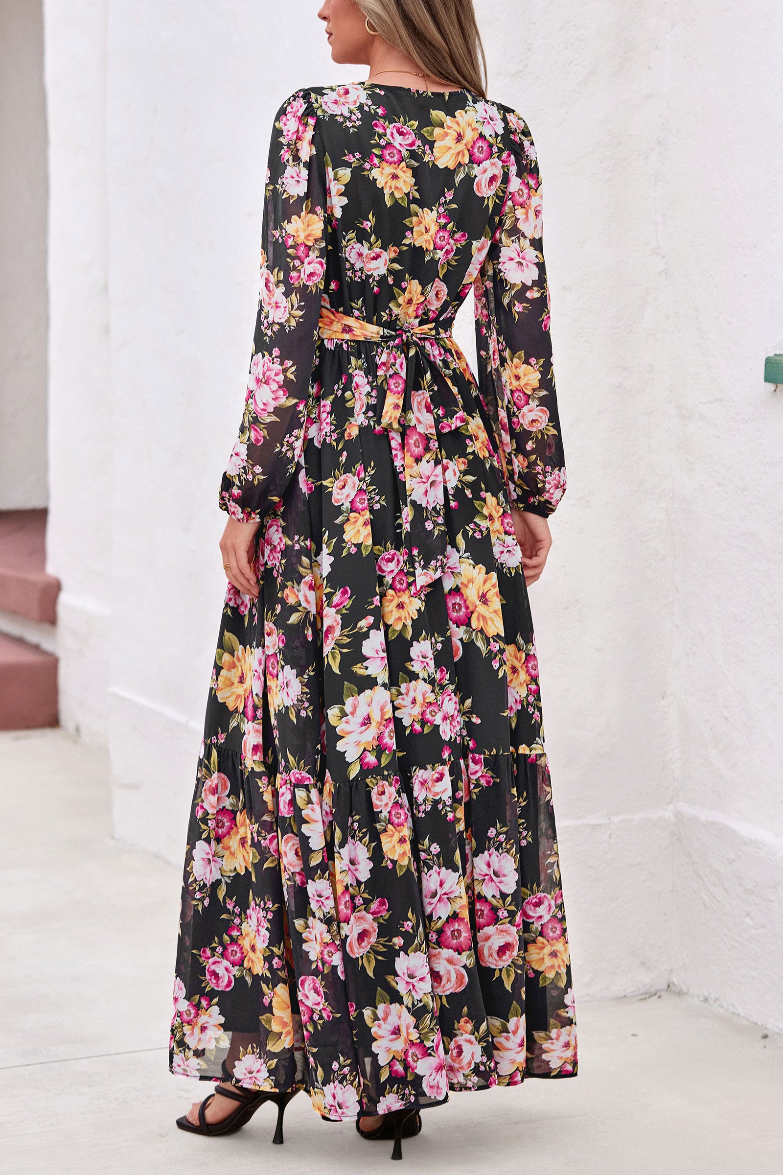 dowerme Women Fall Long Sleeve Wrap V Neck Floral Belted Boho Maxi Dress