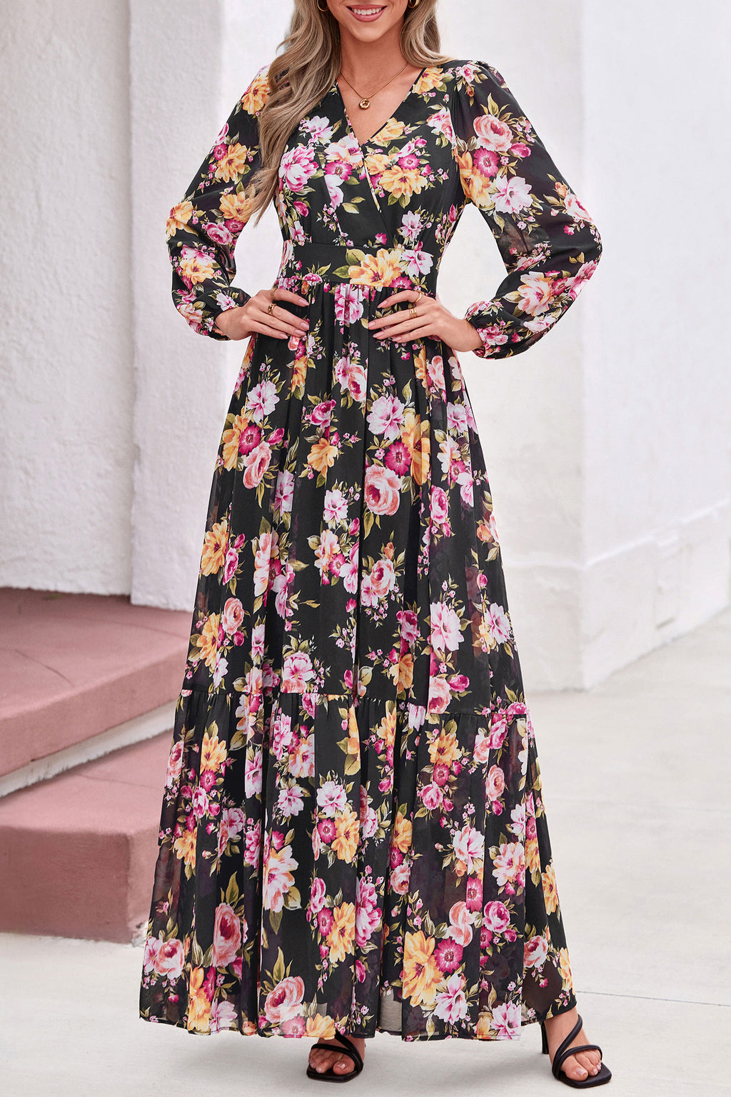 dowerme Women Fall Long Sleeve Wrap V Neck Floral Belted Boho Maxi Dress