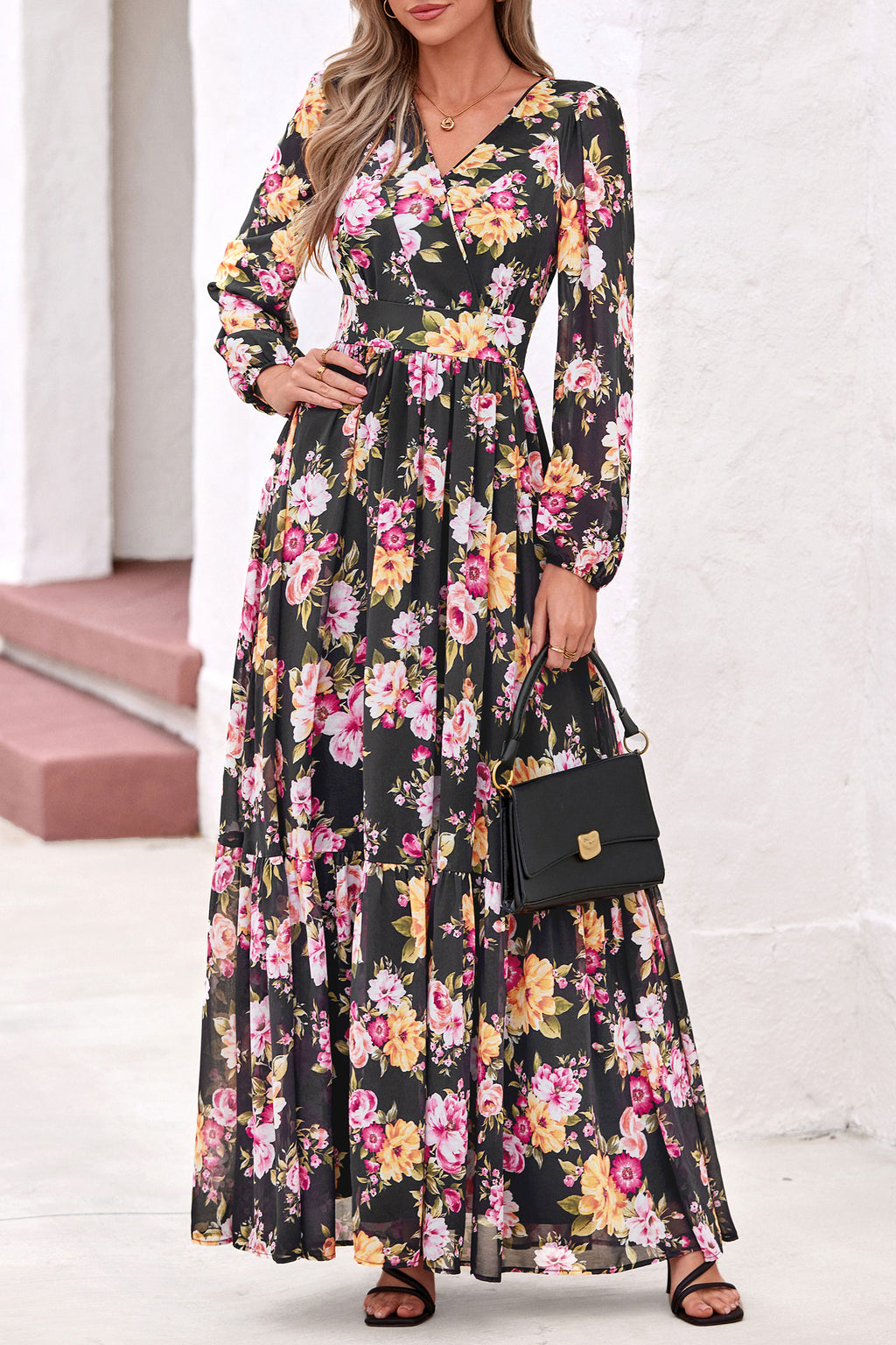 dowerme Women Fall Long Sleeve Wrap V Neck Floral Belted Boho Maxi Dress