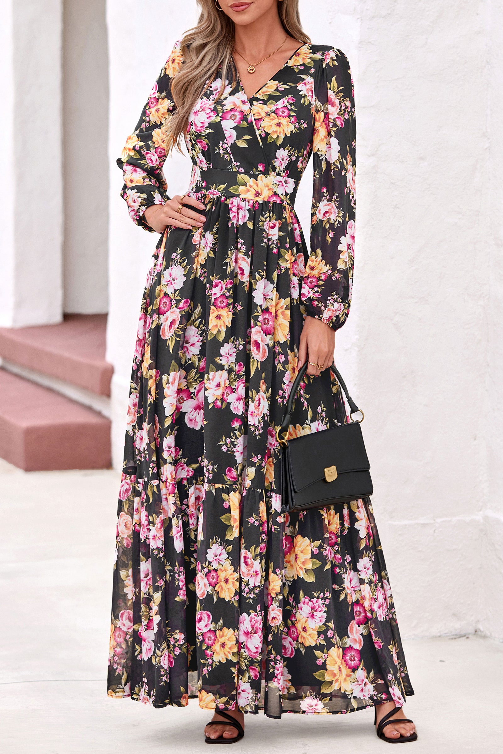 dowerme Women Fall Long Sleeve Wrap V Neck Floral Belted Boho Maxi Dress
