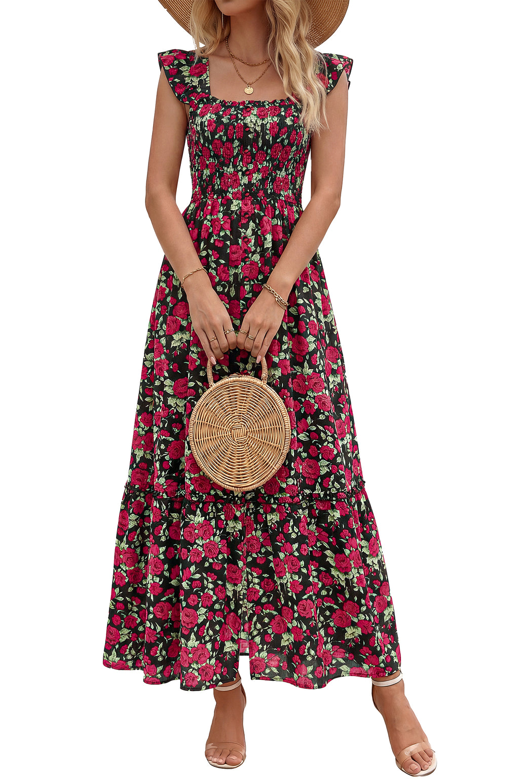 dowerme Womens Summer Maxi Dresses 2026 Casual Ruffle Sleeve Button Smocked Floral Slit Boho Dress Spring Beach Sundress