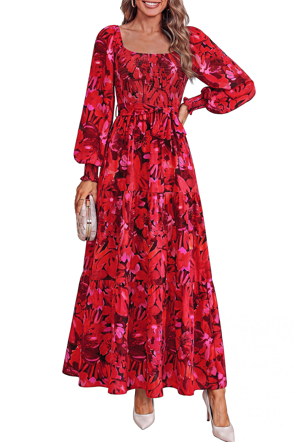 dowerme Womens Dresses Fall Fashion Puff Long Sleeve Sweetheart Neck Smocked A Line Boho Floral Wedding Guest Maxi Dress