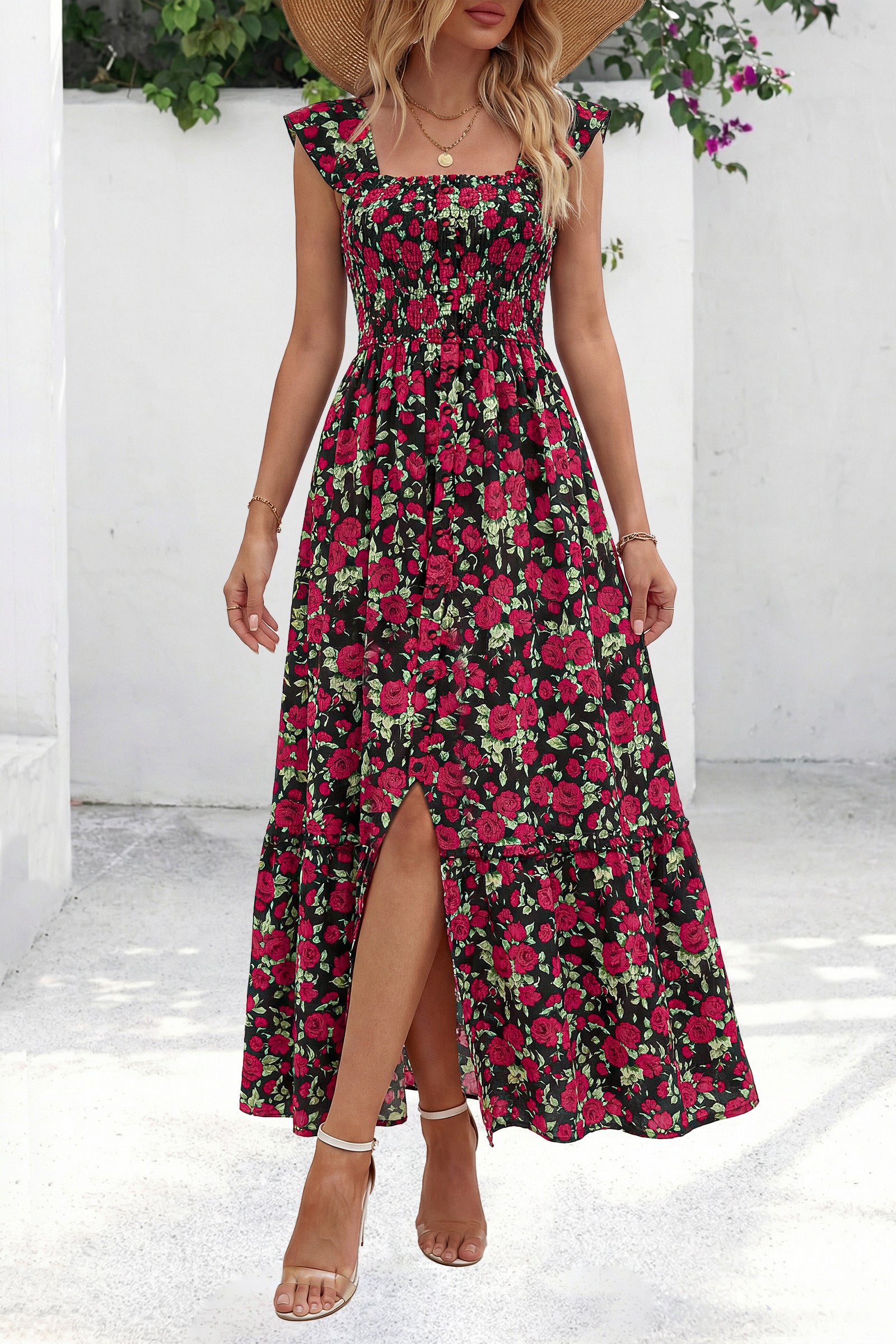 dowerme Womens Summer Maxi Dresses 2026 Casual Ruffle Sleeve Button Smocked Floral Slit Boho Dress Spring Beach Sundress