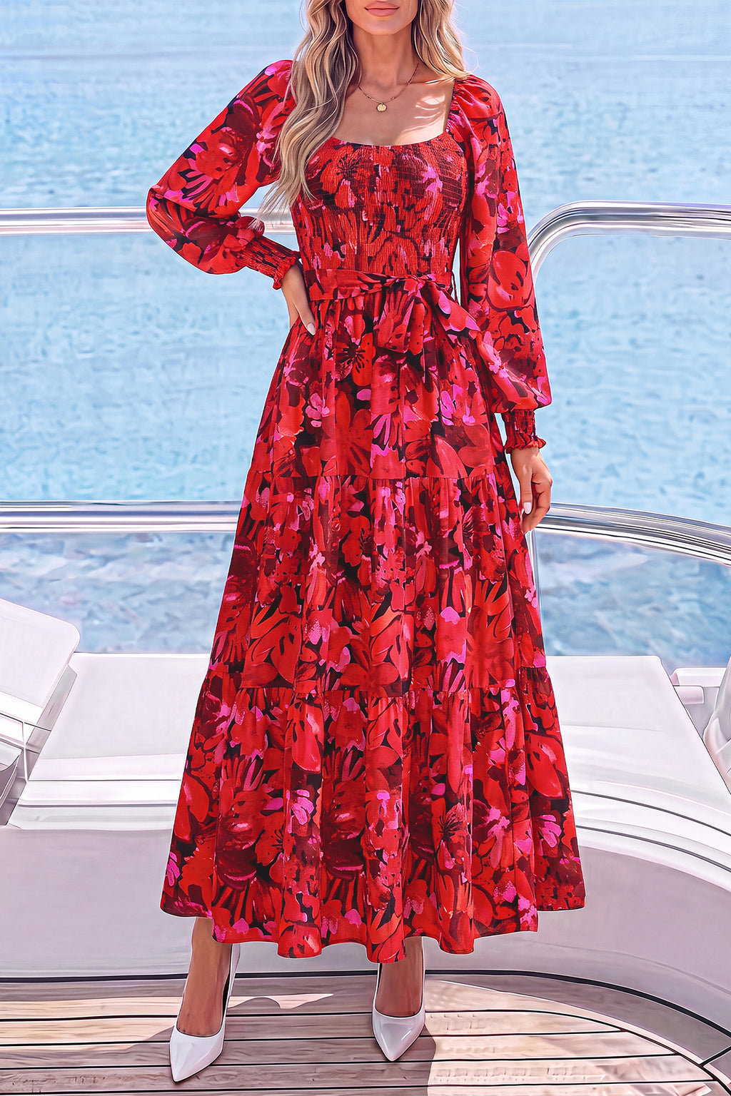 dowerme Womens Dresses Fall Fashion Puff Long Sleeve Sweetheart Neck Smocked A Line Boho Floral Wedding Guest Maxi Dress