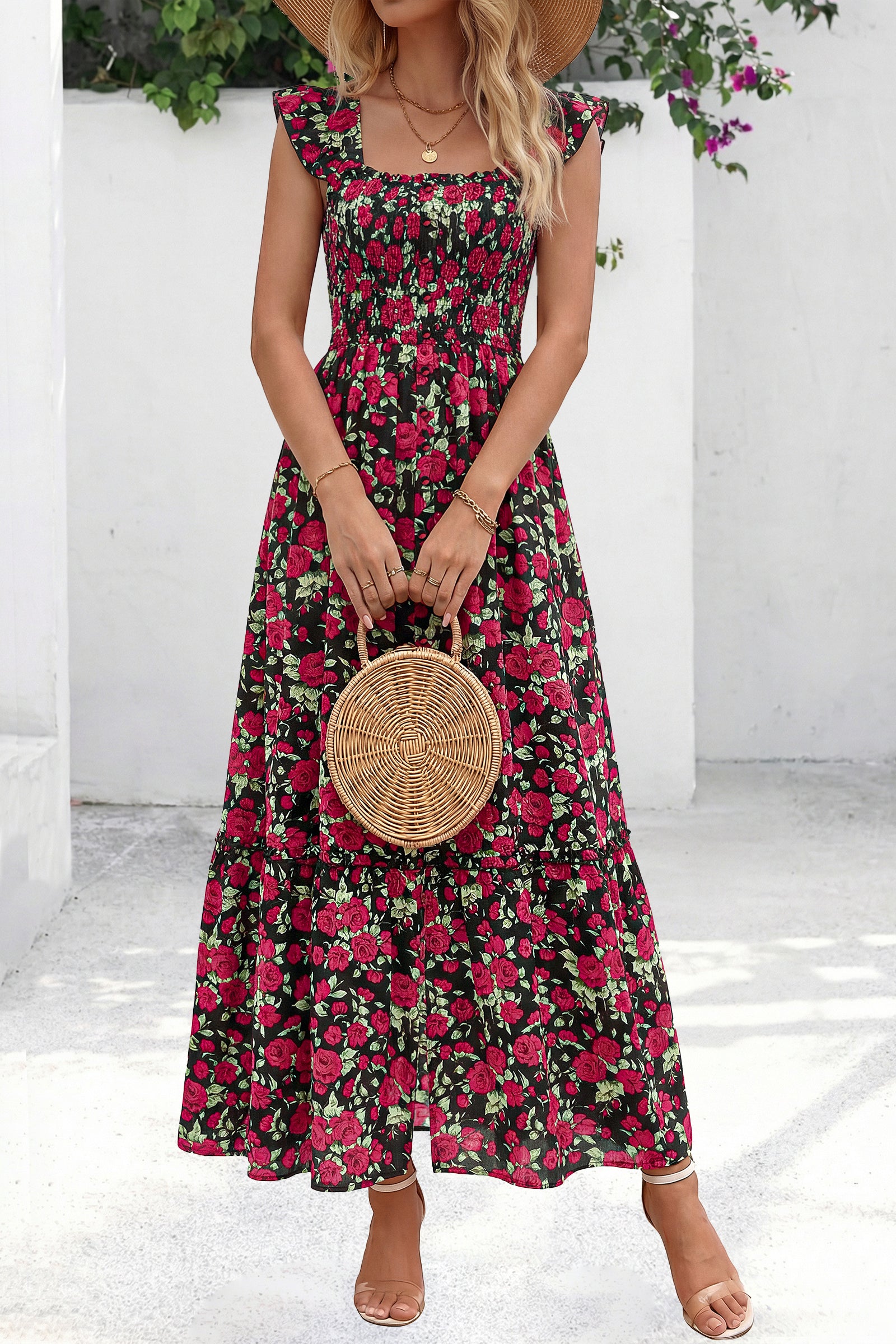 dowerme Womens Summer Maxi Dresses 2026 Casual Ruffle Sleeve Button Smocked Floral Slit Boho Dress Spring Beach Sundress