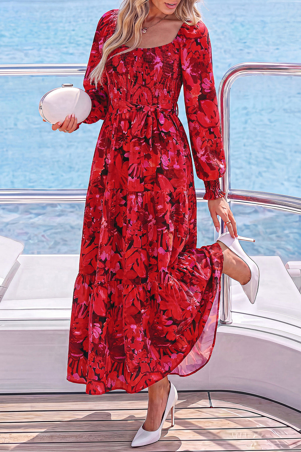 dowerme Womens Dresses Fall Fashion Puff Long Sleeve Sweetheart Neck Smocked A Line Boho Floral Wedding Guest Maxi Dress
