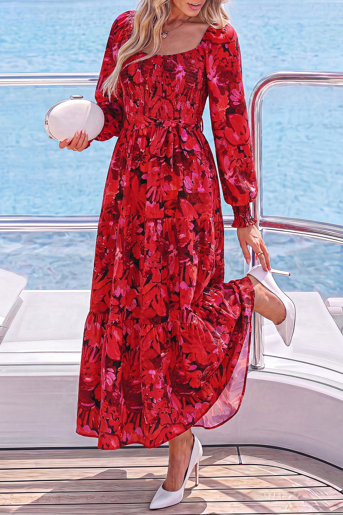 dowerme Womens Dresses Fall Fashion Puff Long Sleeve Sweetheart Neck Smocked A Line Boho Floral Wedding Guest Maxi Dress