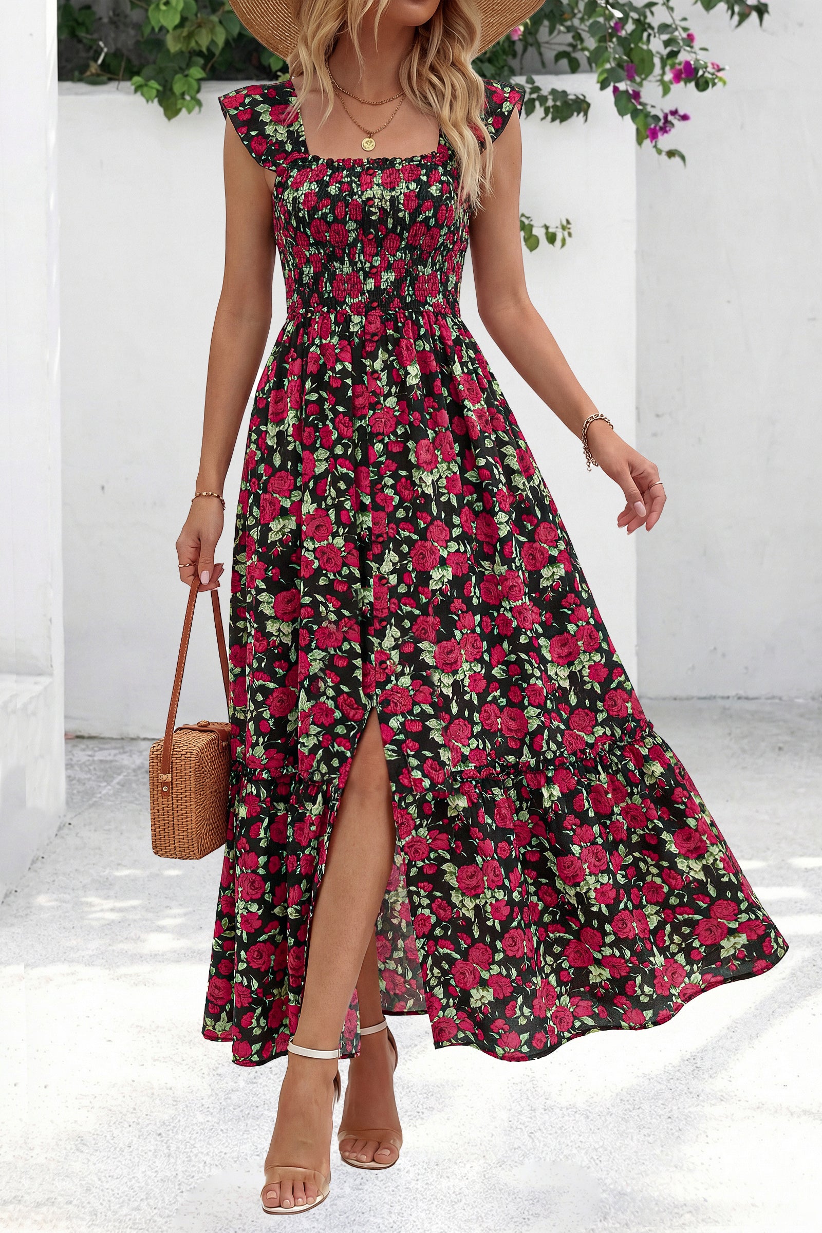 dowerme Womens Summer Maxi Dresses 2026 Casual Ruffle Sleeve Button Smocked Floral Slit Boho Dress Spring Beach Sundress