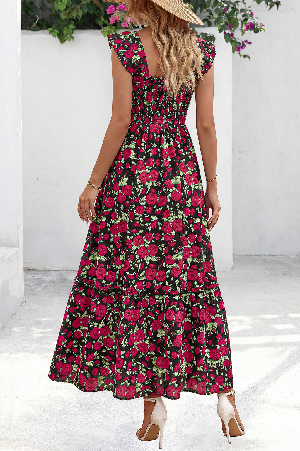 dowerme Womens Summer Maxi Dresses 2026 Casual Ruffle Sleeve Button Smocked Floral Slit Boho Dress Spring Beach Sundress