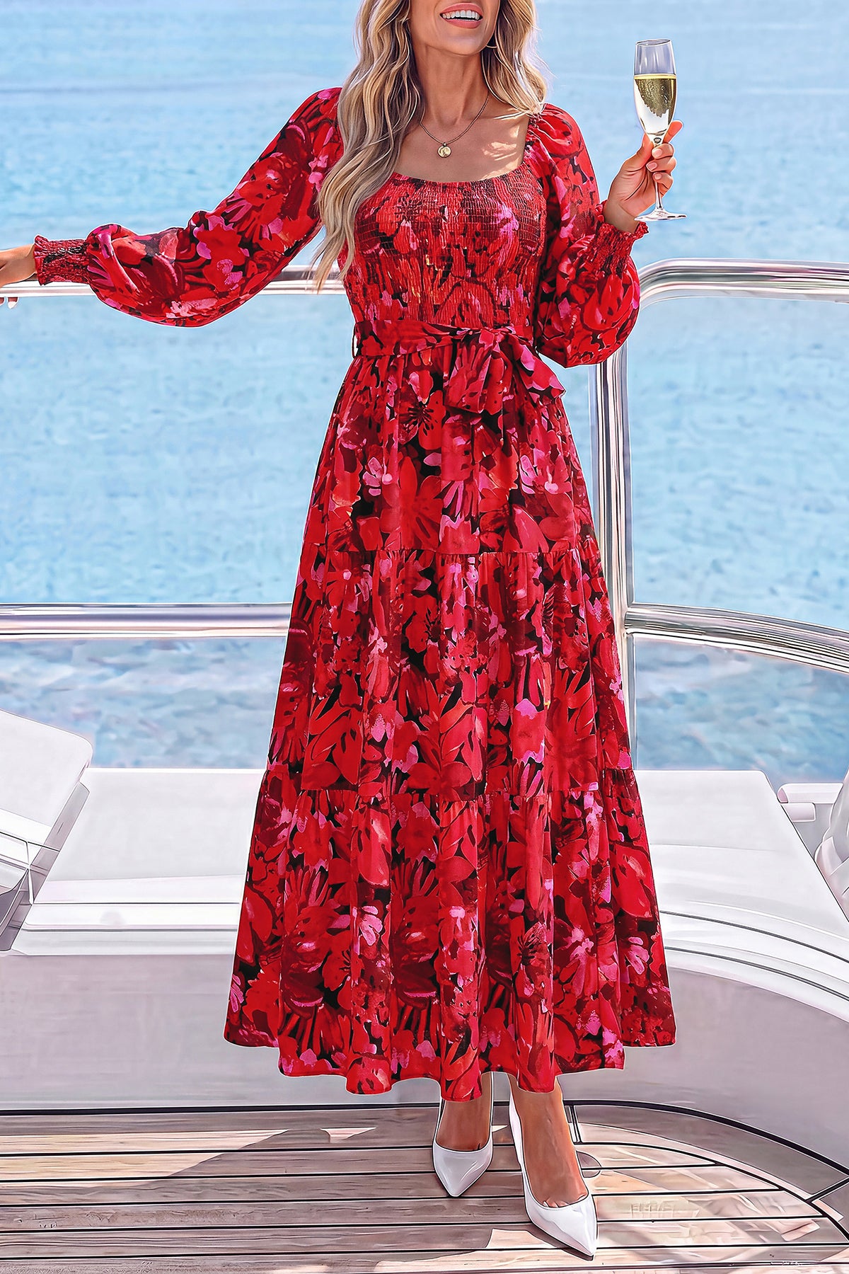 dowerme Womens Dresses Fall Fashion Puff Long Sleeve Sweetheart Neck Smocked A Line Boho Floral Wedding Guest Maxi Dress