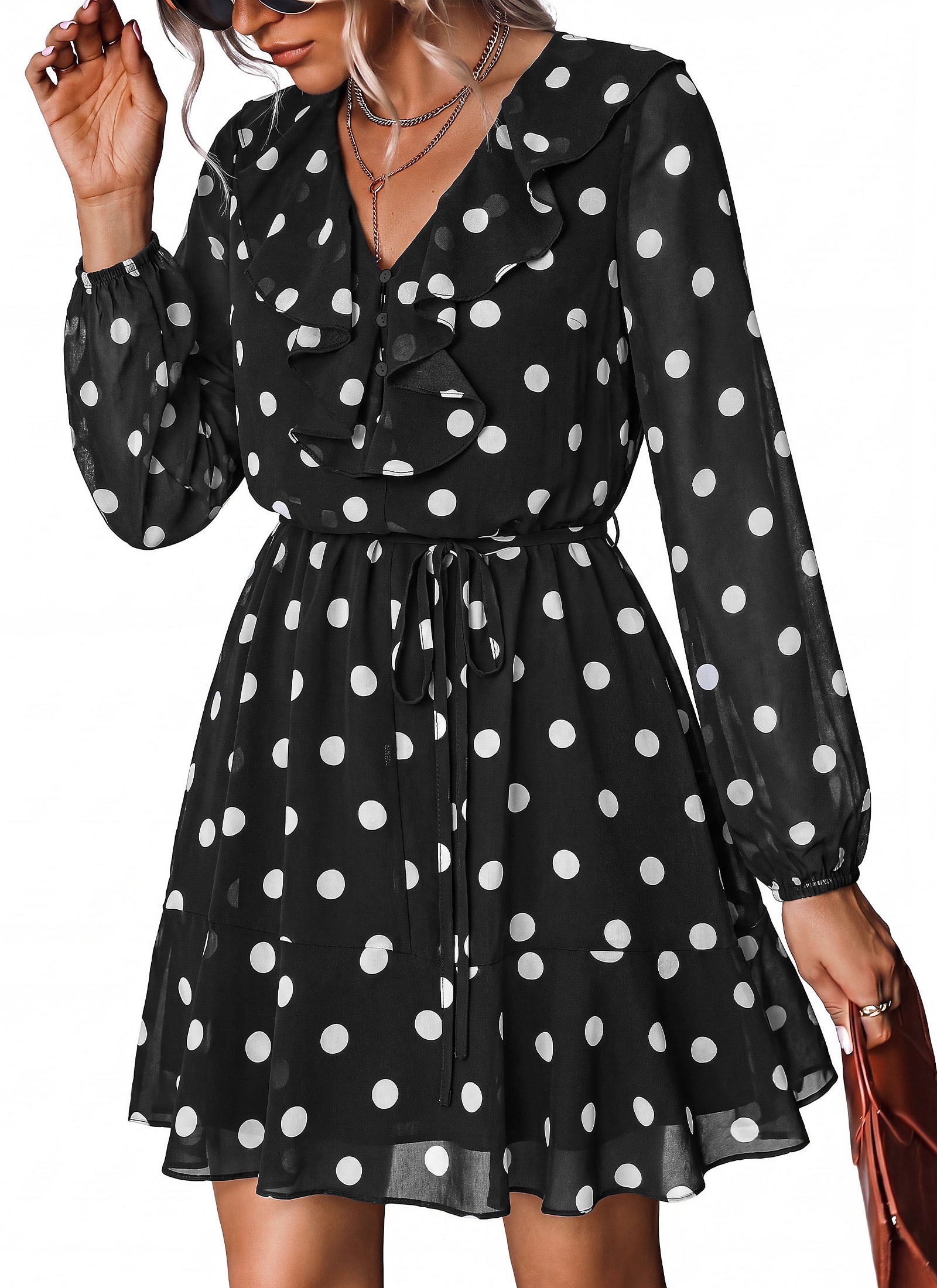 dowerme Women Belted Floral Polka Dot Mini Dress