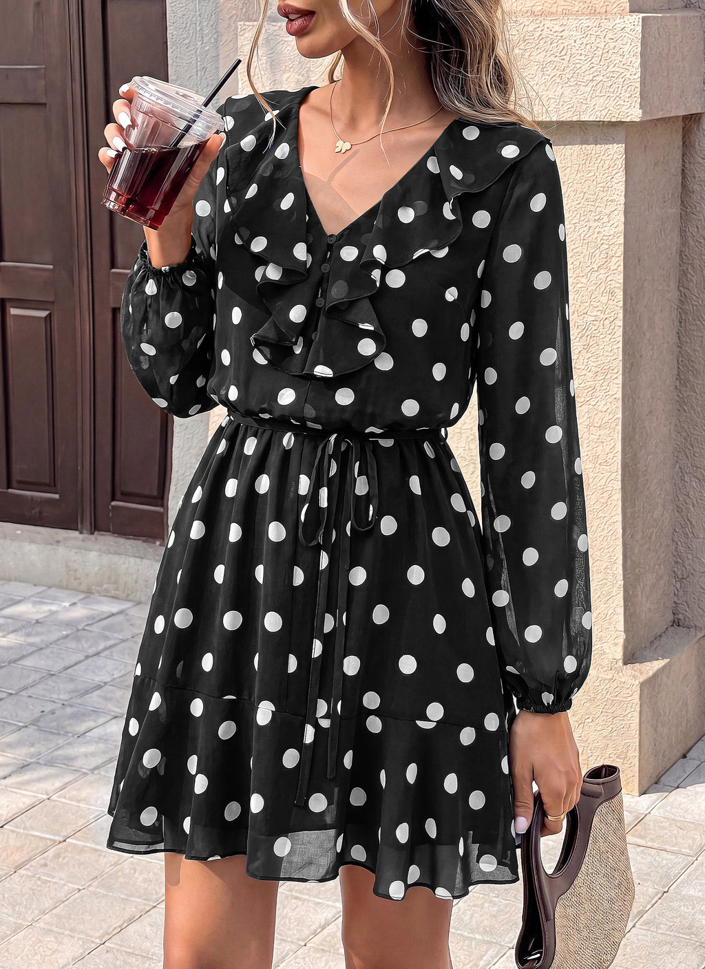 dowerme Women Belted Floral Polka Dot Mini Dress