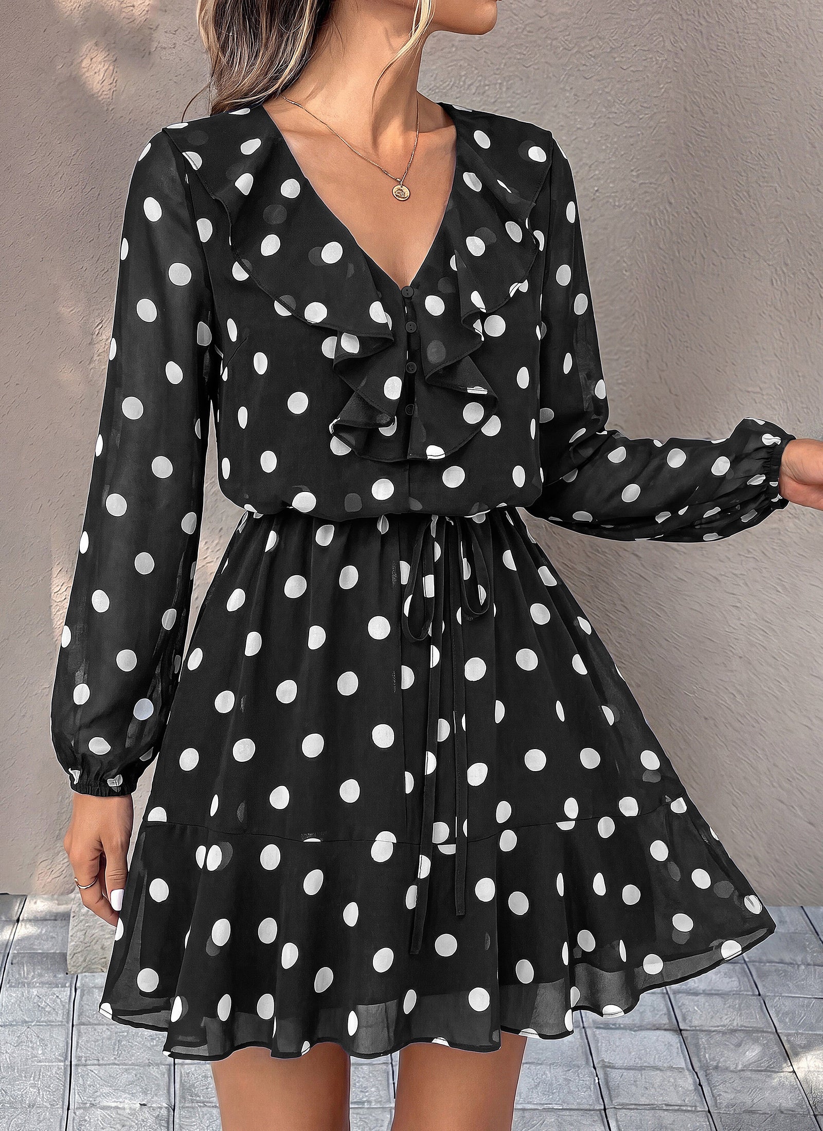 dowerme Women Belted Floral Polka Dot Mini Dress