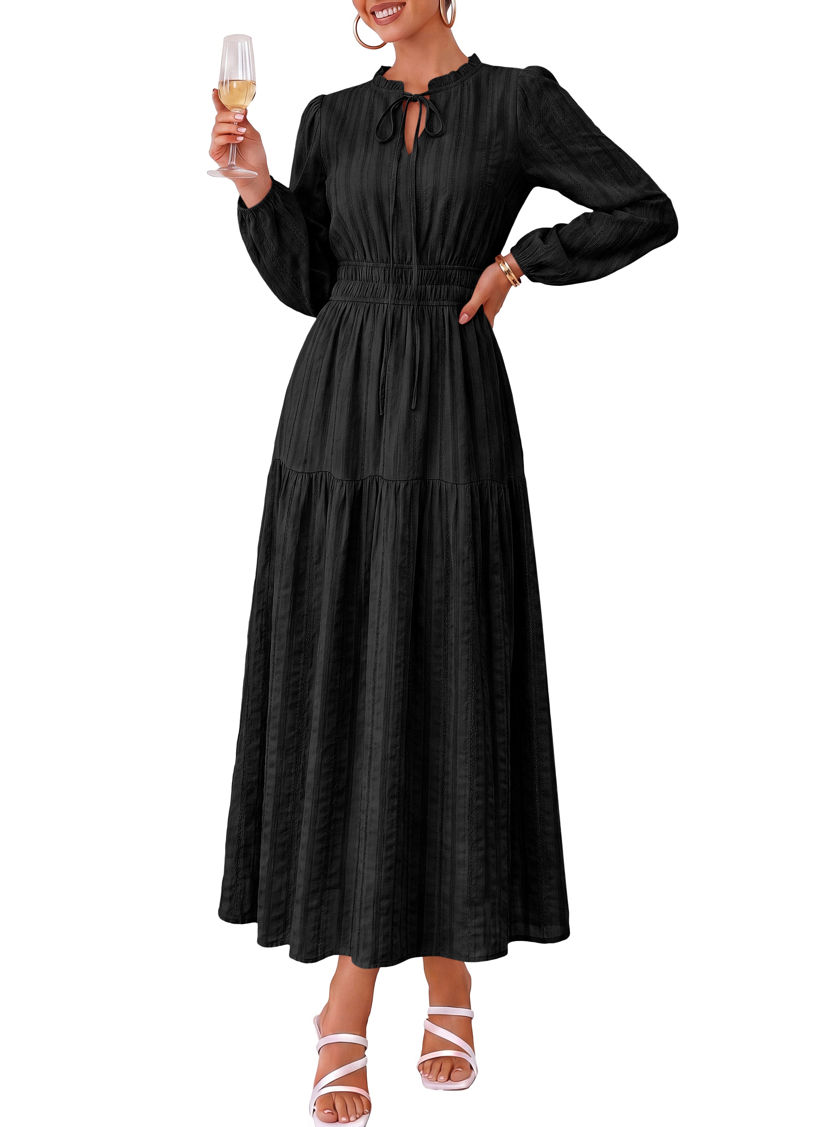dowerme Women Fall Long Sleeve Dress 2026 Casual Ruffle V Neck Tie Front Elastic Waist Maxi Cotton Wedding Guest Dresses