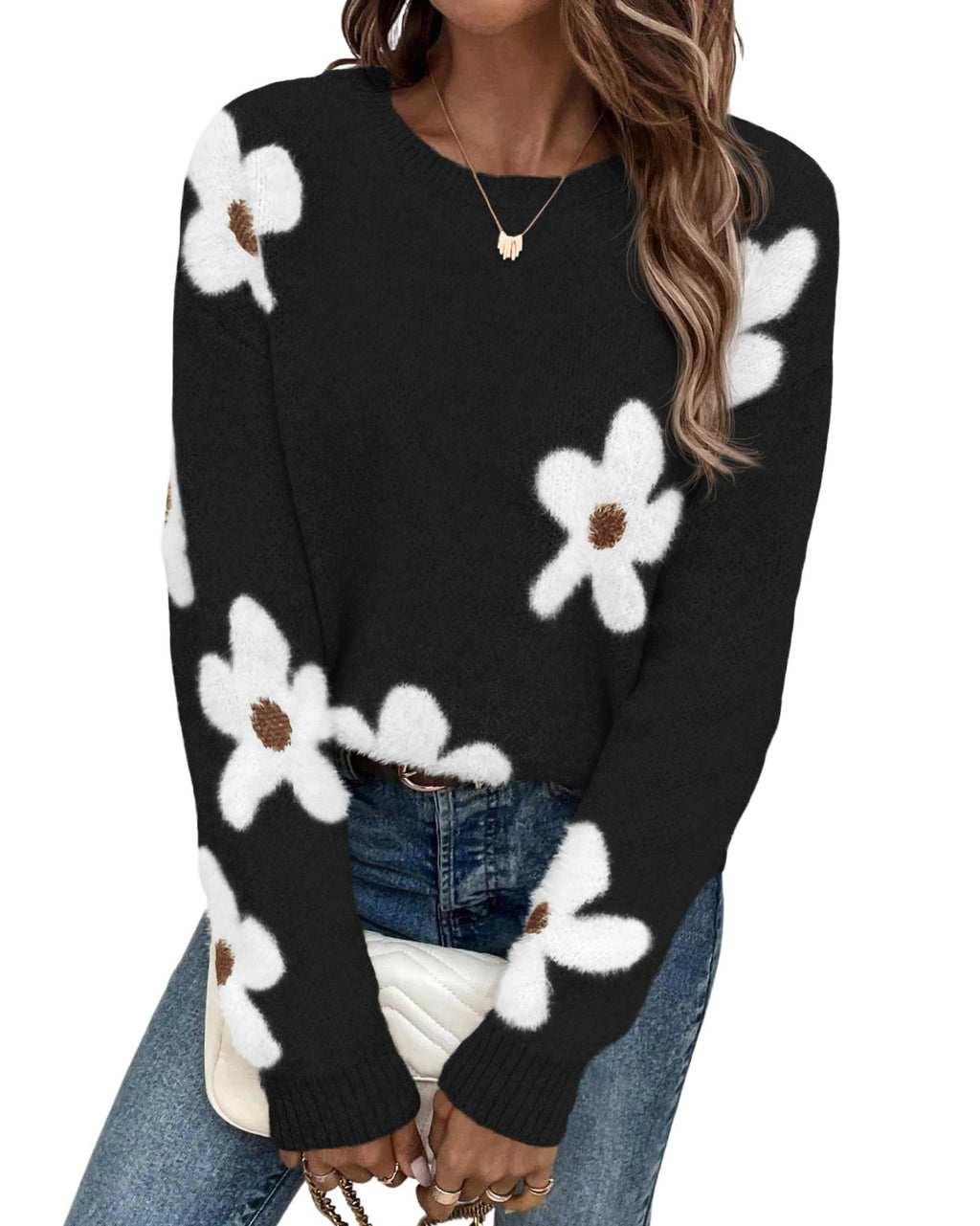 dowerme Womens Fall Sweaters 2026 Cute Long Sleeve Crewneck Pullover Tops Loose Floral Graphic Chunky Winter Sweater