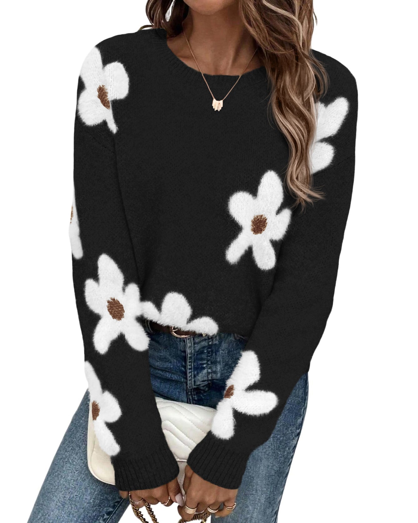 dowerme Womens Fall Sweaters 2026 Cute Long Sleeve Crewneck Pullover Tops Loose Floral Graphic Chunky Winter Sweater