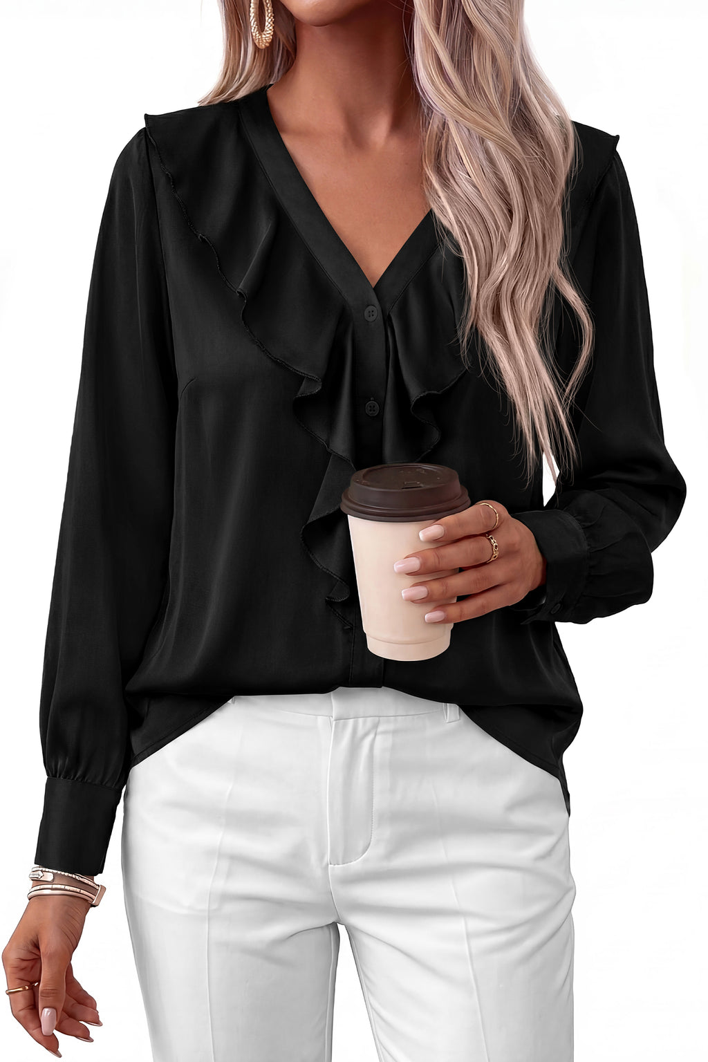 dowerme Womens Long Sleeve Tops Satin Ruffle Button Shirts