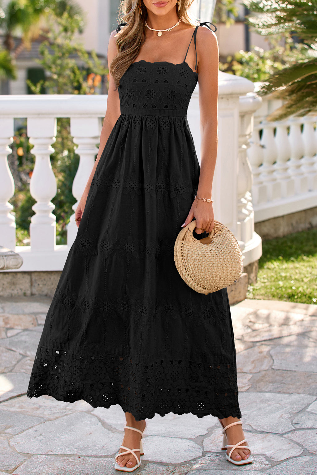 dowerme Womens Summer Maxi Dresses 2026 Casual Spaghetti Strap Smocked Eyelet Cotton Dress Long Beach Vacation Sundress