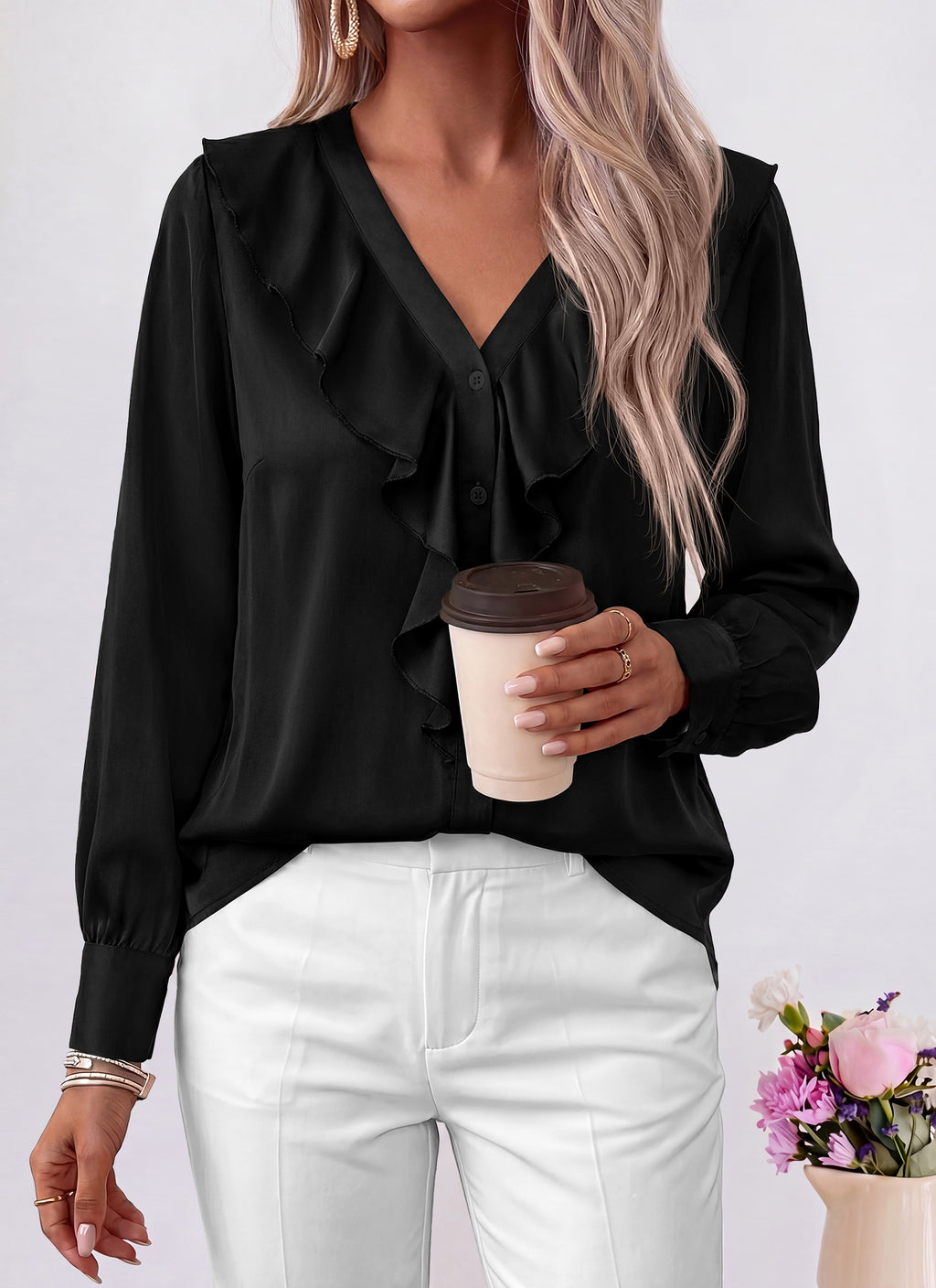 dowerme Womens Long Sleeve Tops Satin Ruffle Button Shirts