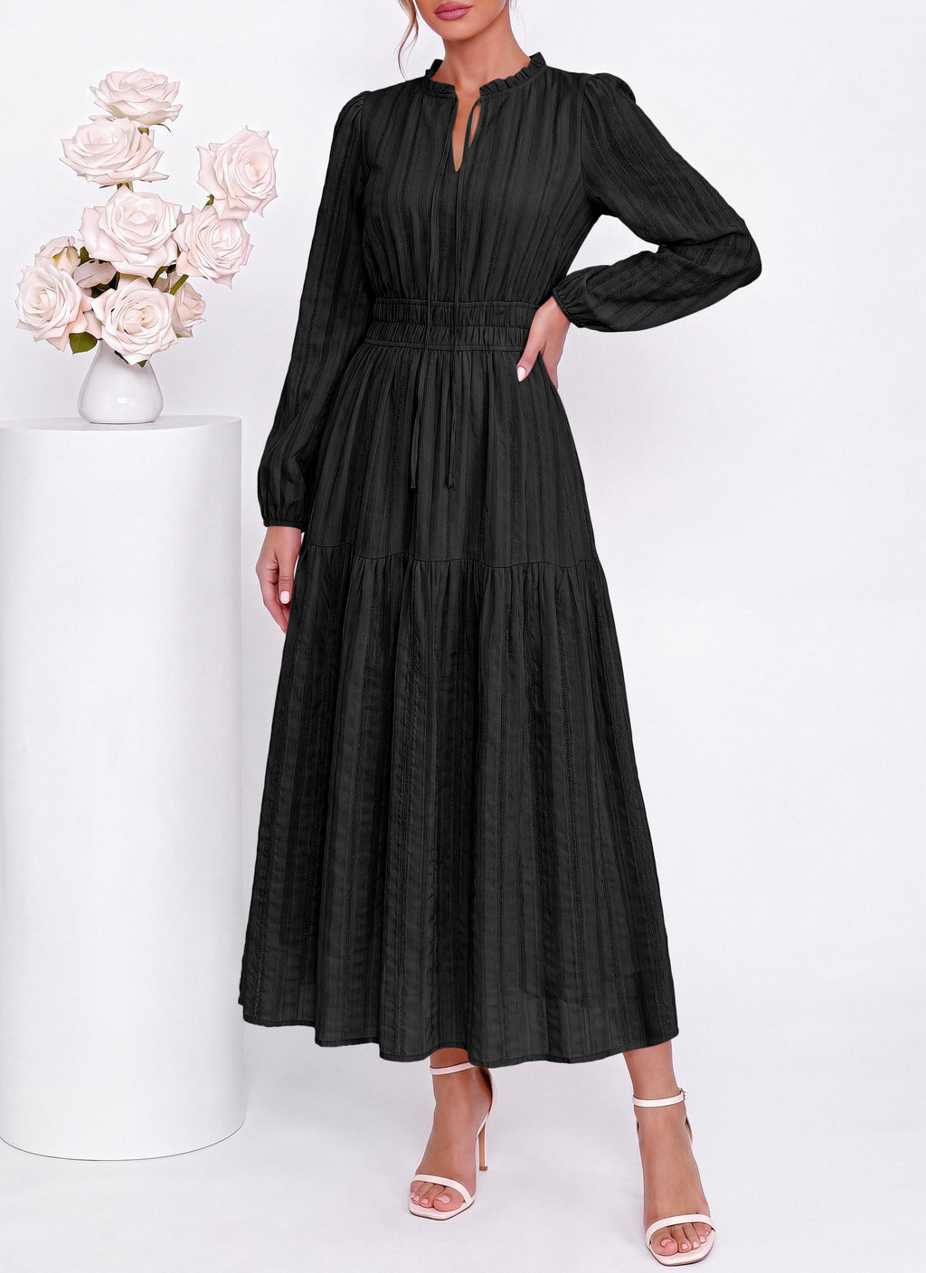 dowerme Women Fall Long Sleeve Dress 2026 Casual Ruffle V Neck Tie Front Elastic Waist Maxi Cotton Wedding Guest Dresses