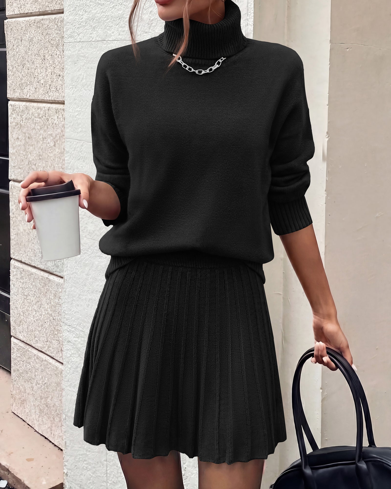dowerme 2 Piece Sets For Women 2026 Fall Turtleneck Sweater Pleated Mini Skirt Set Cute Winter Clothing Vacation Outfits