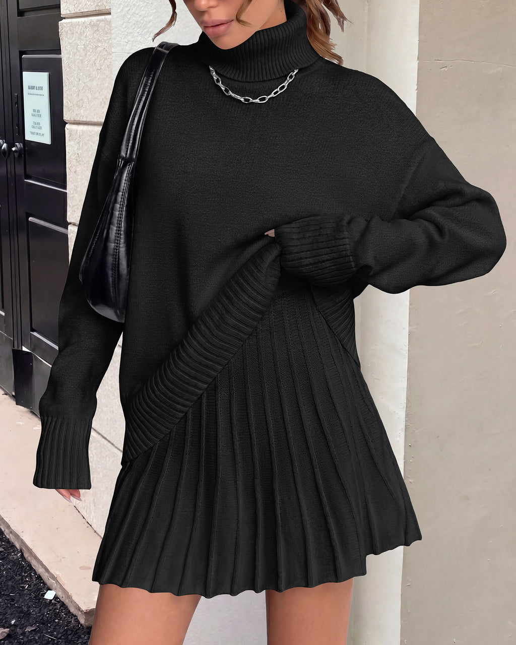 dowerme 2 Piece Sets For Women 2026 Fall Turtleneck Sweater Pleated Mini Skirt Set Cute Winter Clothing Vacation Outfits