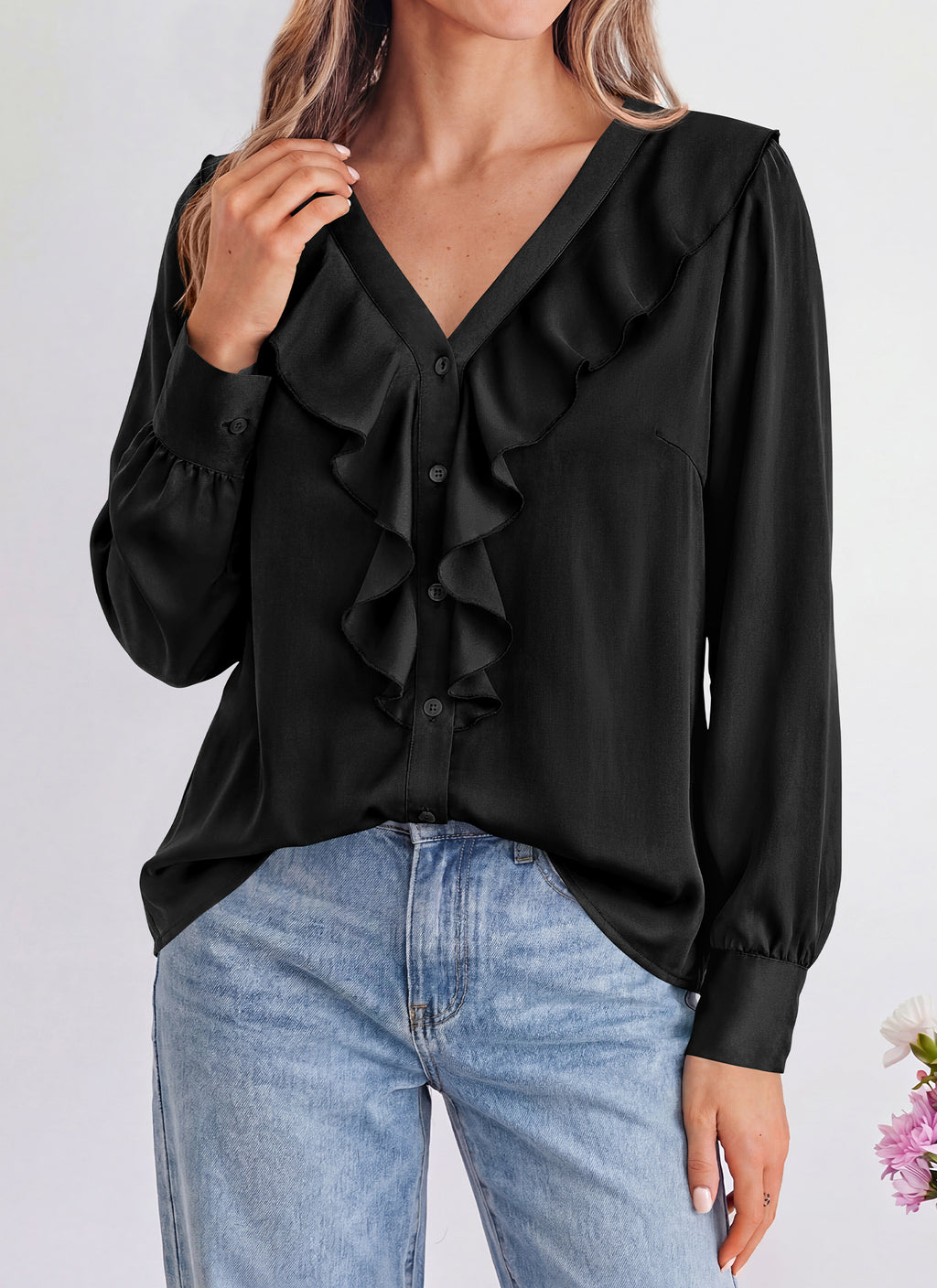 dowerme Womens Long Sleeve Tops Satin Ruffle Button Shirts