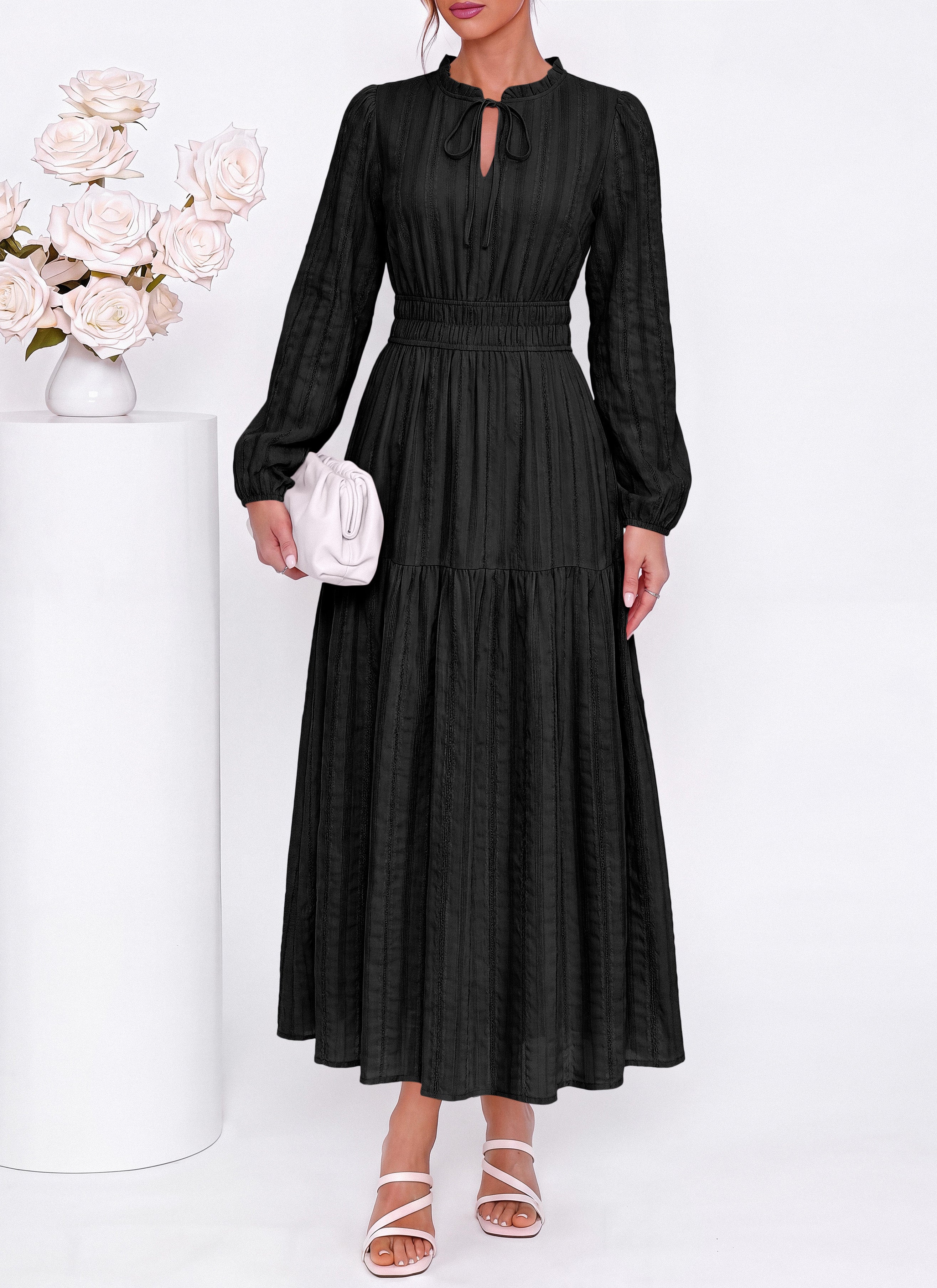 dowerme Women Fall Long Sleeve Dress 2026 Casual Ruffle V Neck Tie Front Elastic Waist Maxi Cotton Wedding Guest Dresses
