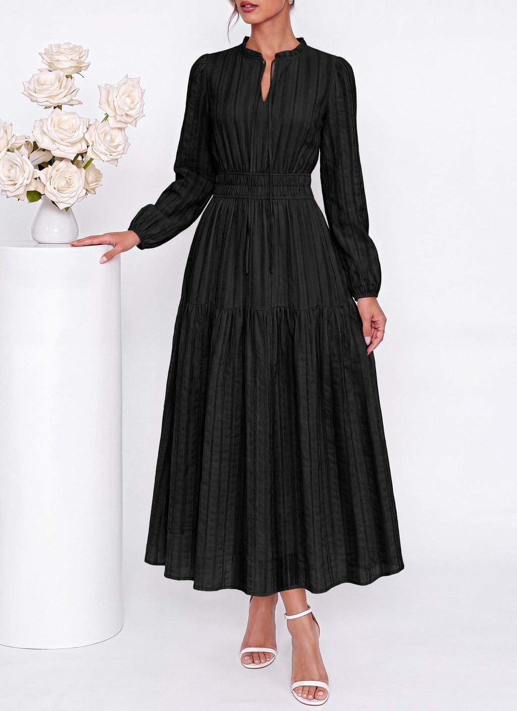 dowerme Women Fall Long Sleeve Dress 2026 Casual Ruffle V Neck Tie Front Elastic Waist Maxi Cotton Wedding Guest Dresses
