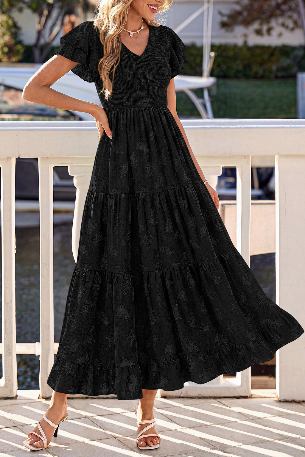 dowerme Maxi Dresses For Women 2026 Summer Ruffle Sleeve V Neck Smocked A Line Floral Boho Tiered Sundress Spring Outfit